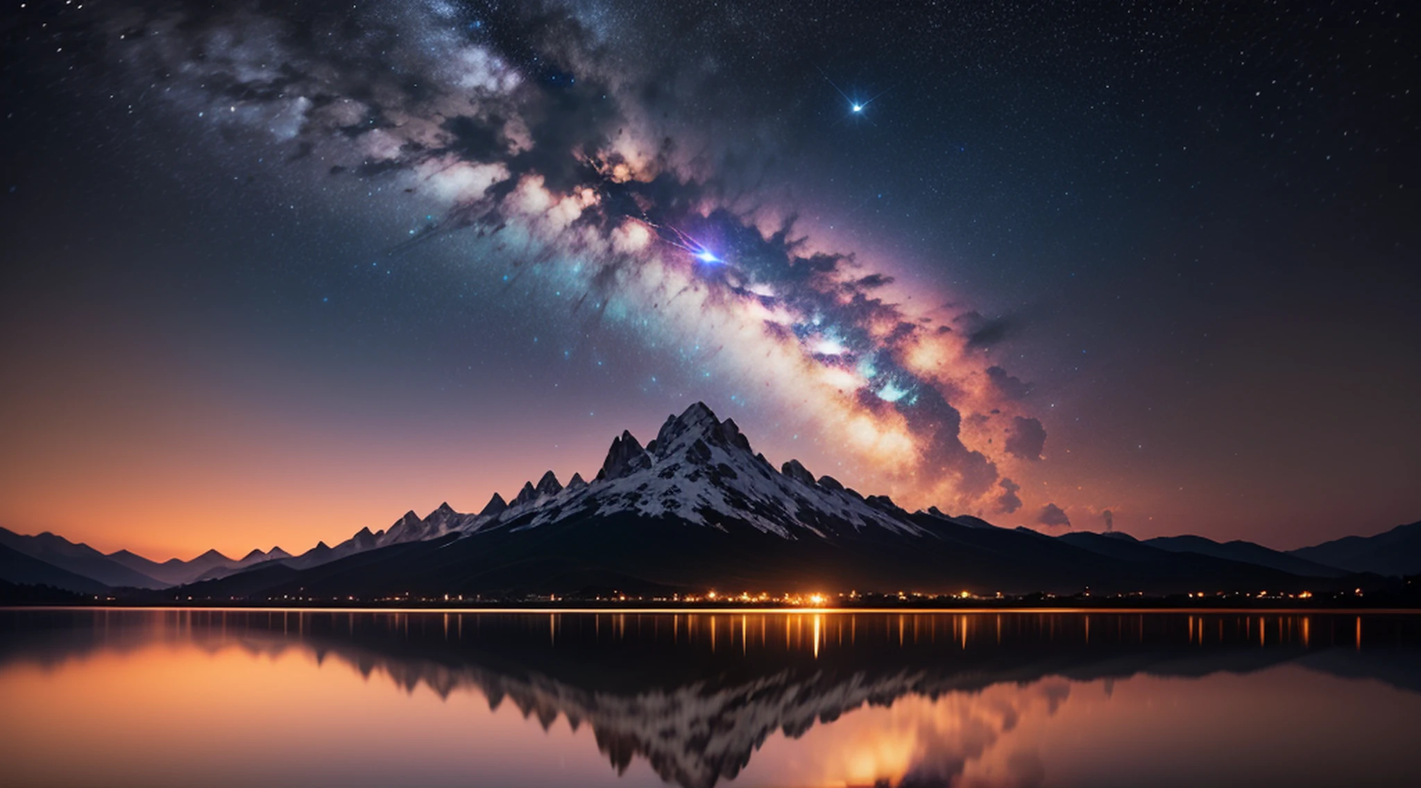 Noite muito estrelada. Uma lua gigante atras das montanhas. Um lago tranquilo refletindo a noite. a comet passing sky, Cena realista, detalhada, fotorealismo, 8k --auto