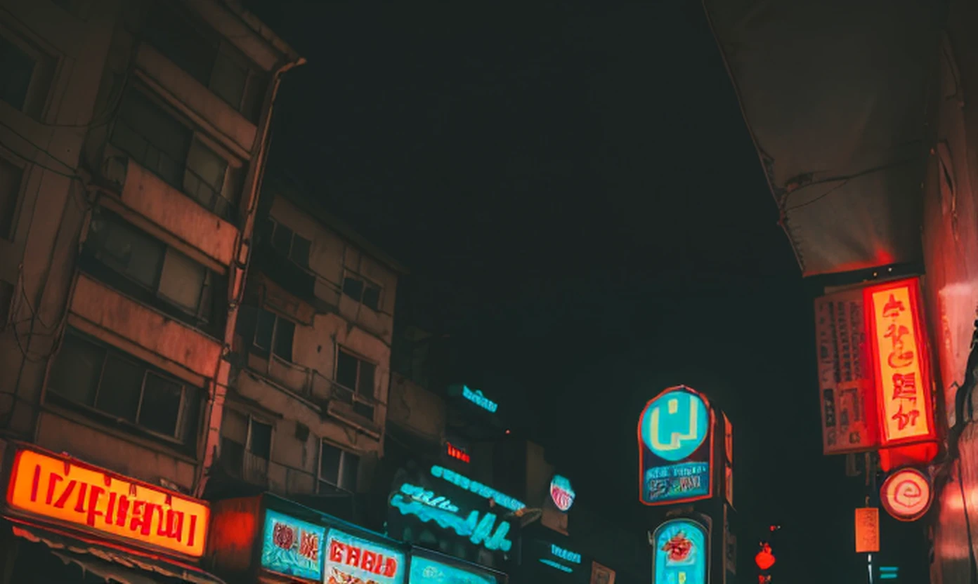 low angle, russianebenya, old panel houses, street, neon lights, cyberpunk, dark evening, movie still, 80mm lens, masterpiece, best quality, (film grain:1.1), ultra high res, RAW --auto