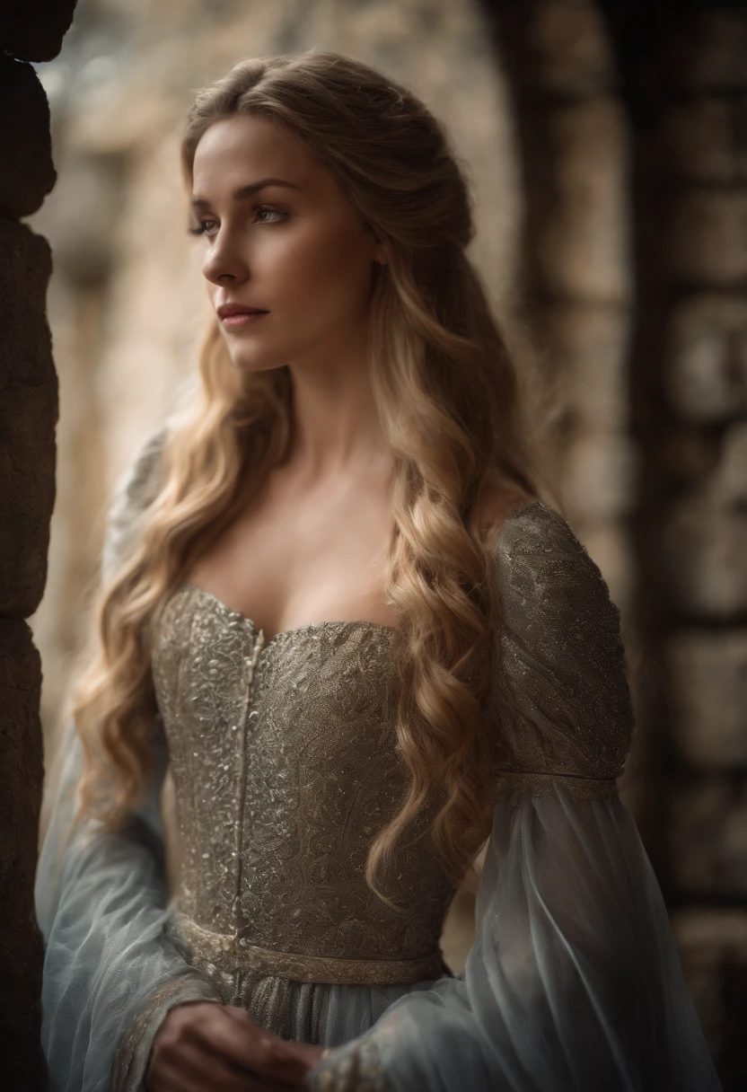 princess, caucasian, beautiful face, wistful look, long golden hair, long silver dress, (puff sleeve), standing, stone castle entrance, peaceful atmosphere, old folk tale illustration,