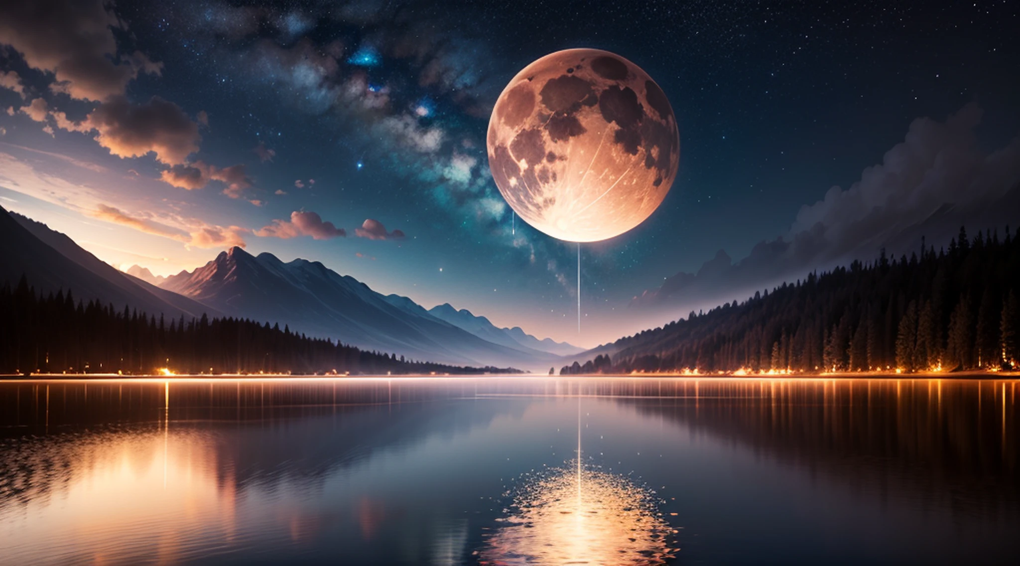 Noite muito estrelada. Uma lua gigante atras das montanhas. Um lago tranquilo refletindo a noite. a comet passing sky, Cena realista, detalhada, fotorealismo, 8k --auto