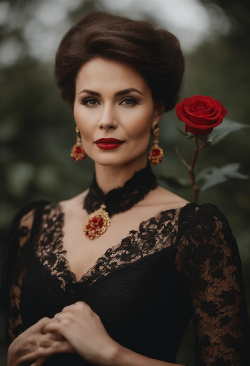 8K, RAW photo, Fuji Film, A beautiful 45 year old woman in style photo, Square face, Red rose around the neck, Wear a black lace dress with red, gold earring, Powerful features like spinning pigeons, (Highly detailed skin: 1.2), Medium brown hair with light, filmgrain, 35mm, Cute style