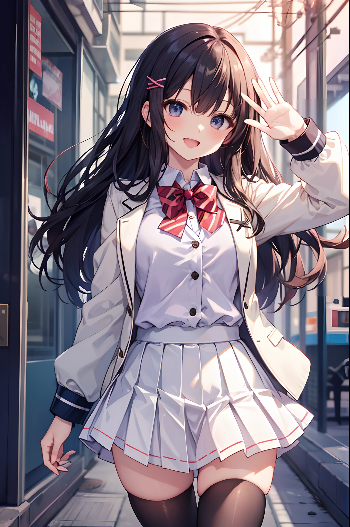 masutepiece, Best Quality, hight resolution, Freyna, Long hair, Hair Ornament, hair clips, bowtie, School uniform, Shirt, White jacket, Long sleeves, White skirt, Pleated skirt, black thighhighs, Smile, Waving, Open mouth, Cowboy Shot, Kyoto Animation,Beautiful and perfect legs, Clean and perfect hands