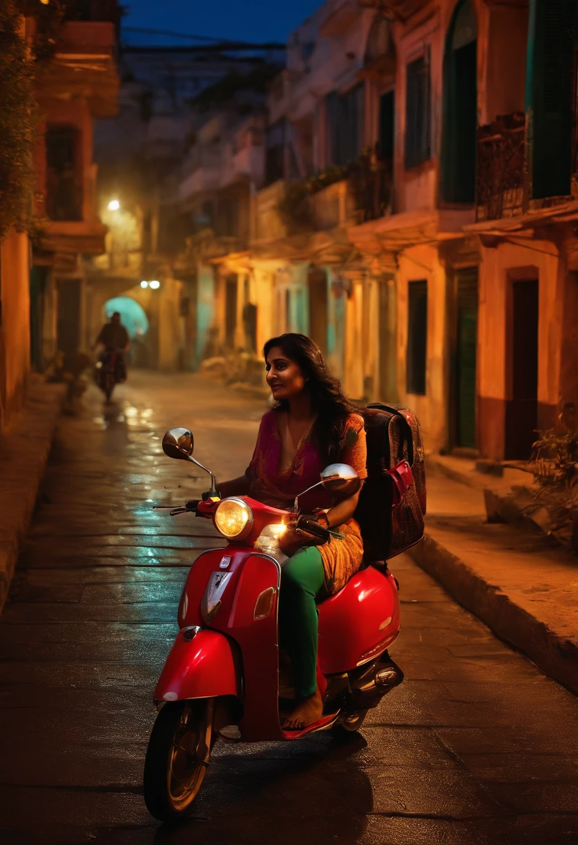 Streets at night，A tranquil，Soothes and aids sleep, indian lady on scooter