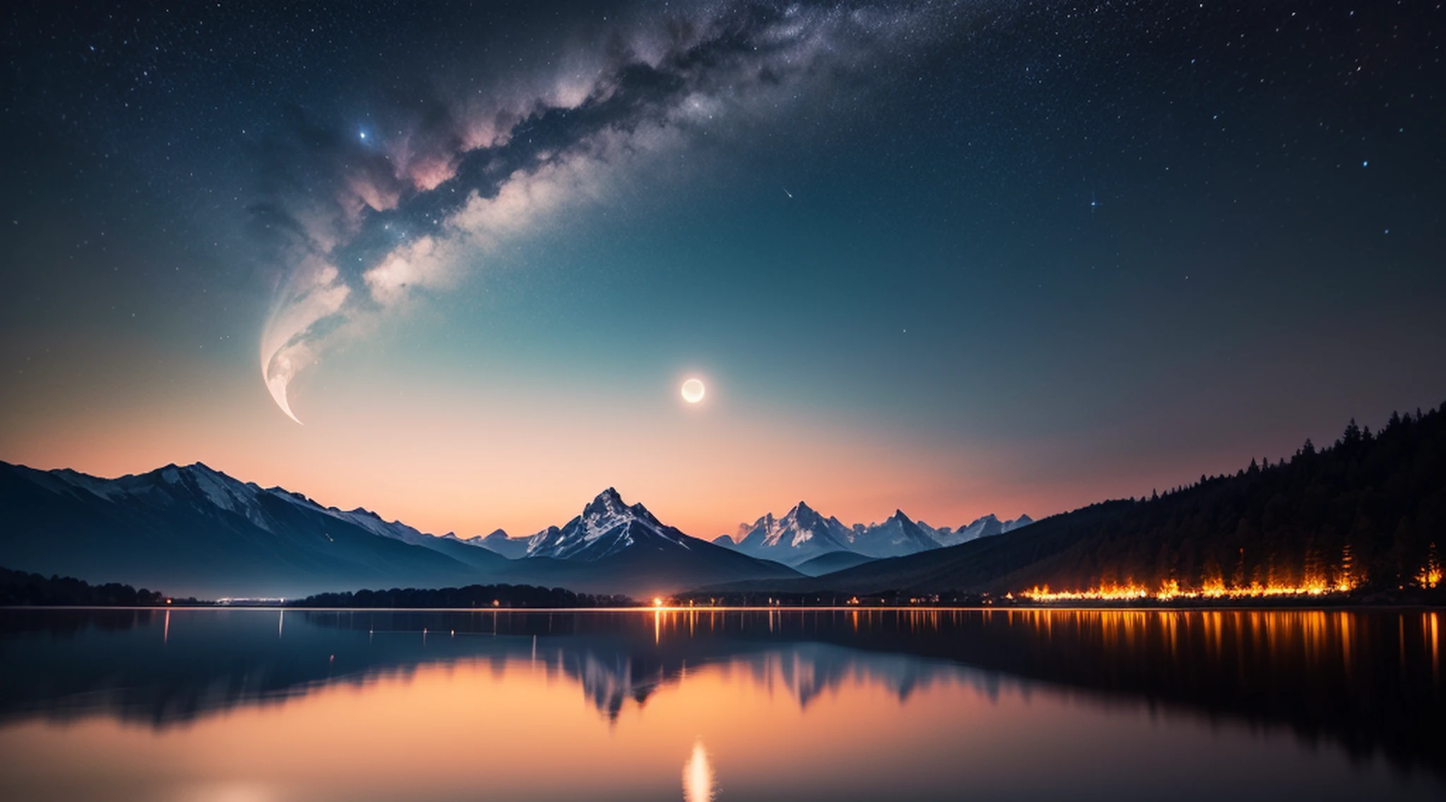 Noite muito estrelada. Uma lua gigante atras das montanhas. Um lago tranquilo refletindo a noite. a comet passing sky, Cena realista, detalhada, fotorealismo, 8k --auto