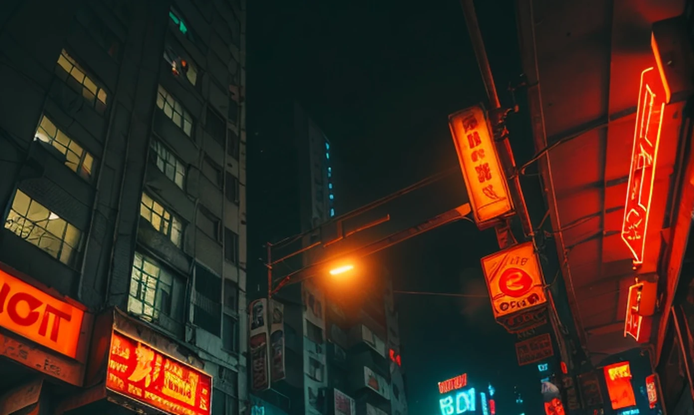 low angle, russianebenya, old panel houses, street, neon lights, cyberpunk, dark evening, movie still, 80mm lens, masterpiece, best quality, (film grain:1.1), ultra high res, RAW --auto