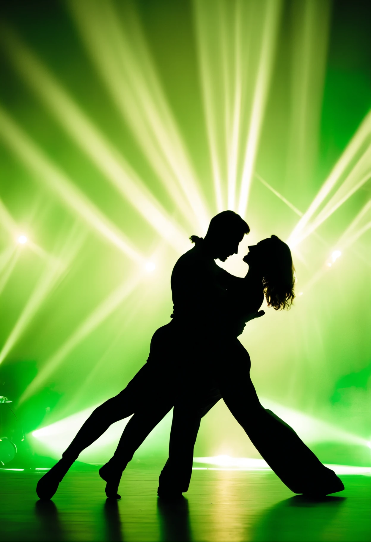 Dance Art Festival, with silhouette of a couple dancing on a stage lit by various lights with green hue.