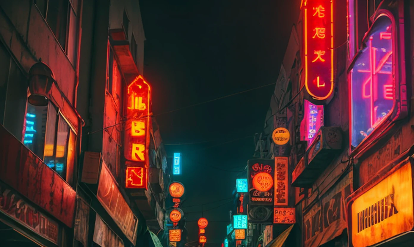 low angle, russianebenya, old panel houses, street, neon lights, cyberpunk, dark evening, movie still, 80mm lens, masterpiece, best quality, (film grain:1.1), ultra high res, RAW --auto
