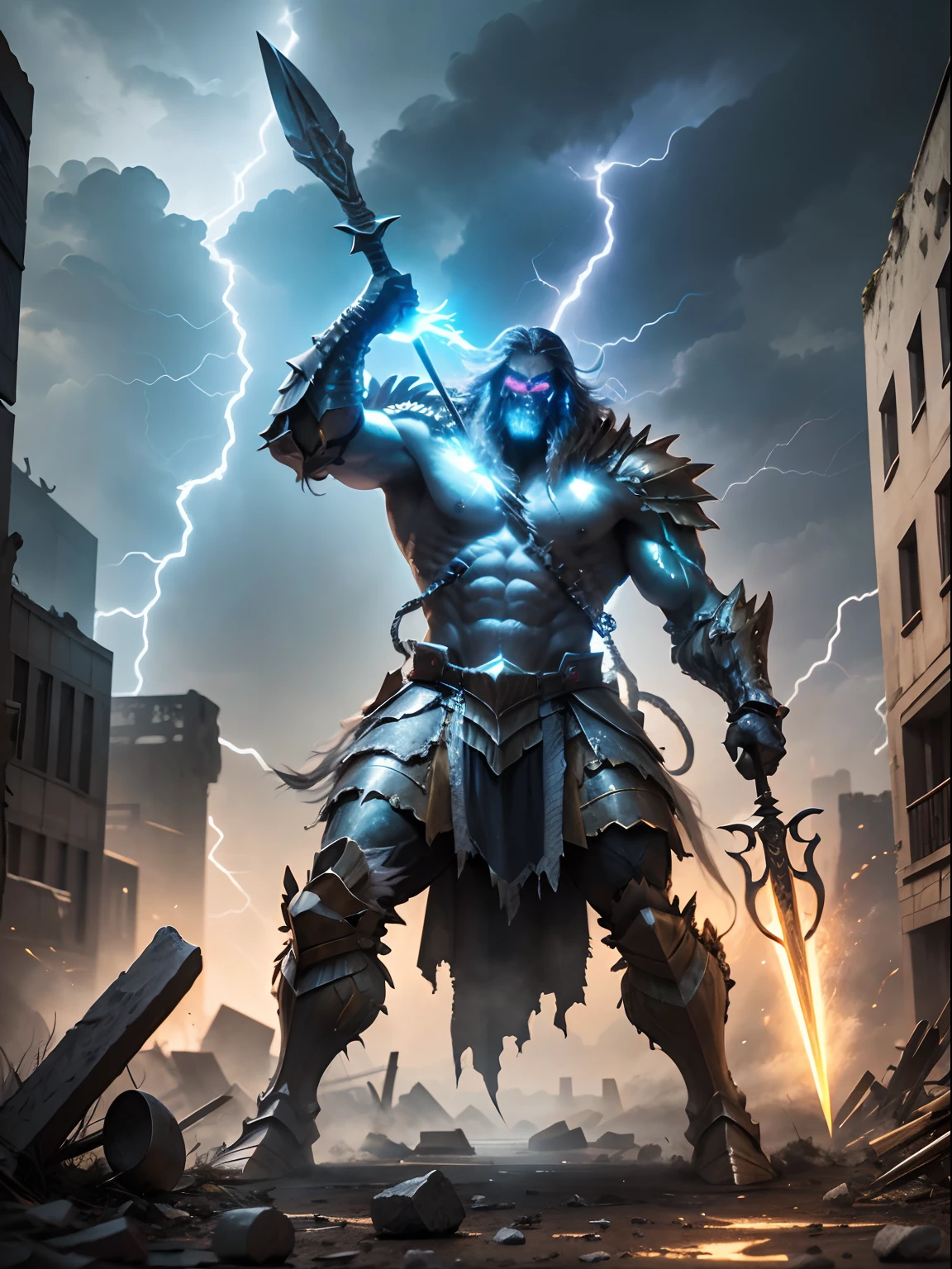 The Monster Knight roared，standing in the ruins of a city，With a spear in his hand，Several mysterious lightning bolts shot out from the spear，((RAW photogr)), ((tmasterpiece)), absurderes, A high resolution, Ultra detailed,8K