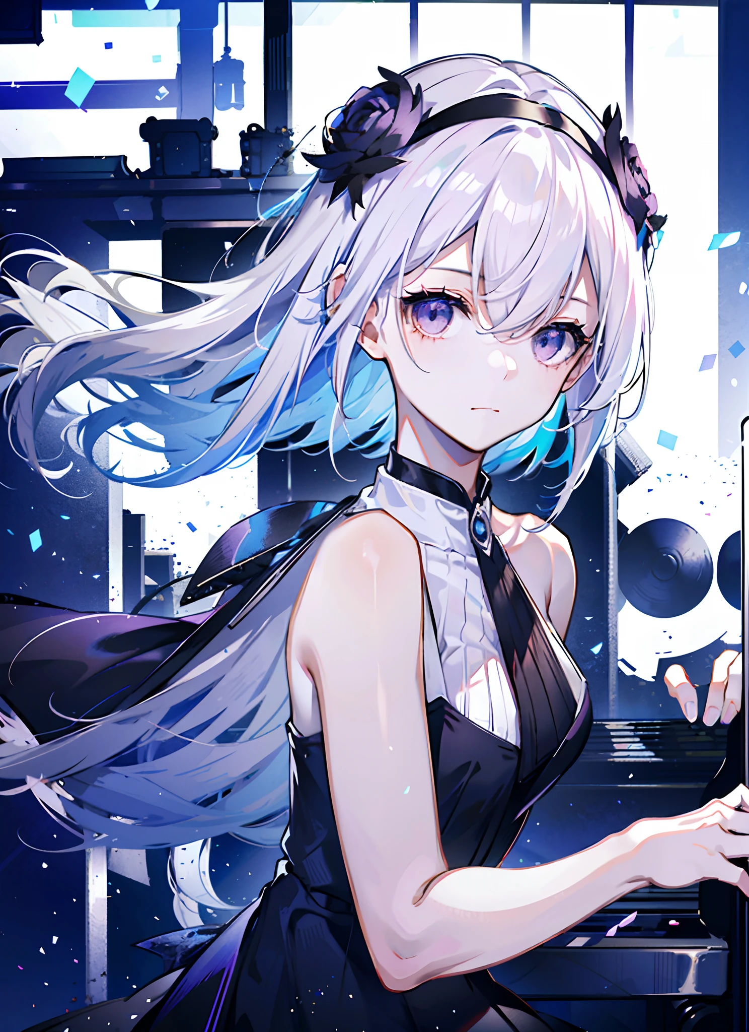 1girl, solo, long hair, piano, instrument, black eyes, dress, white dress, white hair, looking at viewer, light particles, closed mouth, indoors, jewelry, sleeveless, bare shoulders, bangs, from side, head rest on piano, head tilt,black rose, beautiful detailed eyes, detailed background,