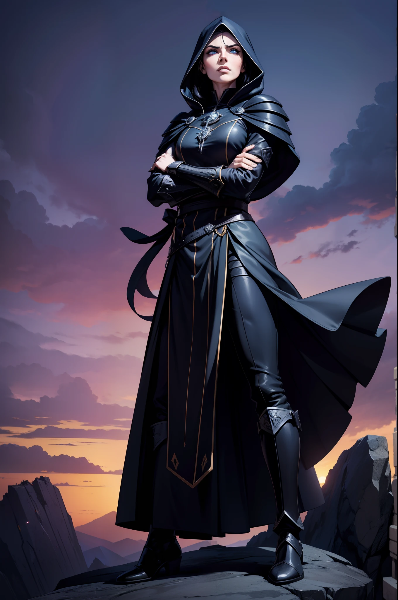 An adult mage character wearing a hooded robe and gothic armor with black details accompanied by an adult mage character wearing a robe, capuz. Tax Posture, face with serious expression, cabelo na cor preta liso preso, hair in black color a remarkable beauty, Magnificent, cor azul dos olhos, Purple sky with magnificent clouds, arms crossed in imposing pose and on top of a tall rock, cabelo curto cidade, portal, Magnificent, 8k,