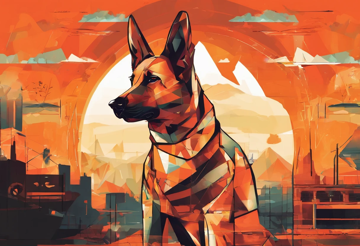 (nvinkpunk:1.2) (estilo snthwve:0.8) German Shepherd dog, anthro, lightwave, sun sunset, orange sky, intrincado, altamente detalhado