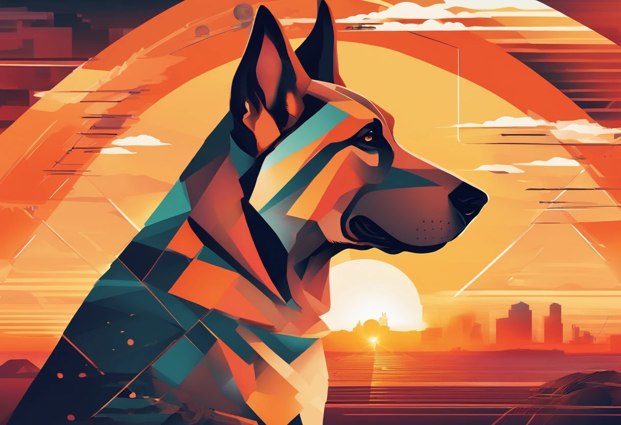 (nvinkpunk:1.2) (estilo snthwve:0.8) German Shepherd dog, anthro, lightwave, sun sunset, orange sky, intrincado, altamente detalhado