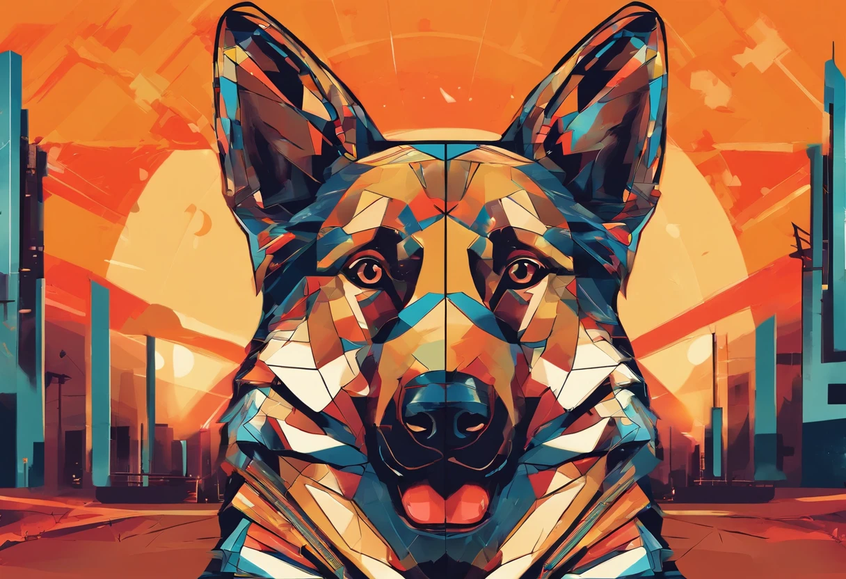 (nvinkpunk:1.2) (estilo snthwve:0.8) German Shepherd dog, anthro, lightwave, sun sunset, orange sky, intrincado, altamente detalhado
