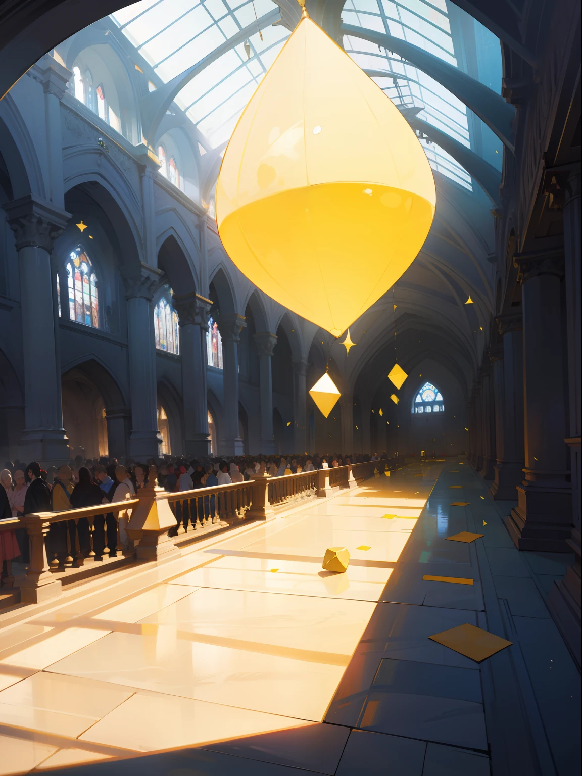 a large magical yellow stone floating in a large hall of university with a crowd in the distance