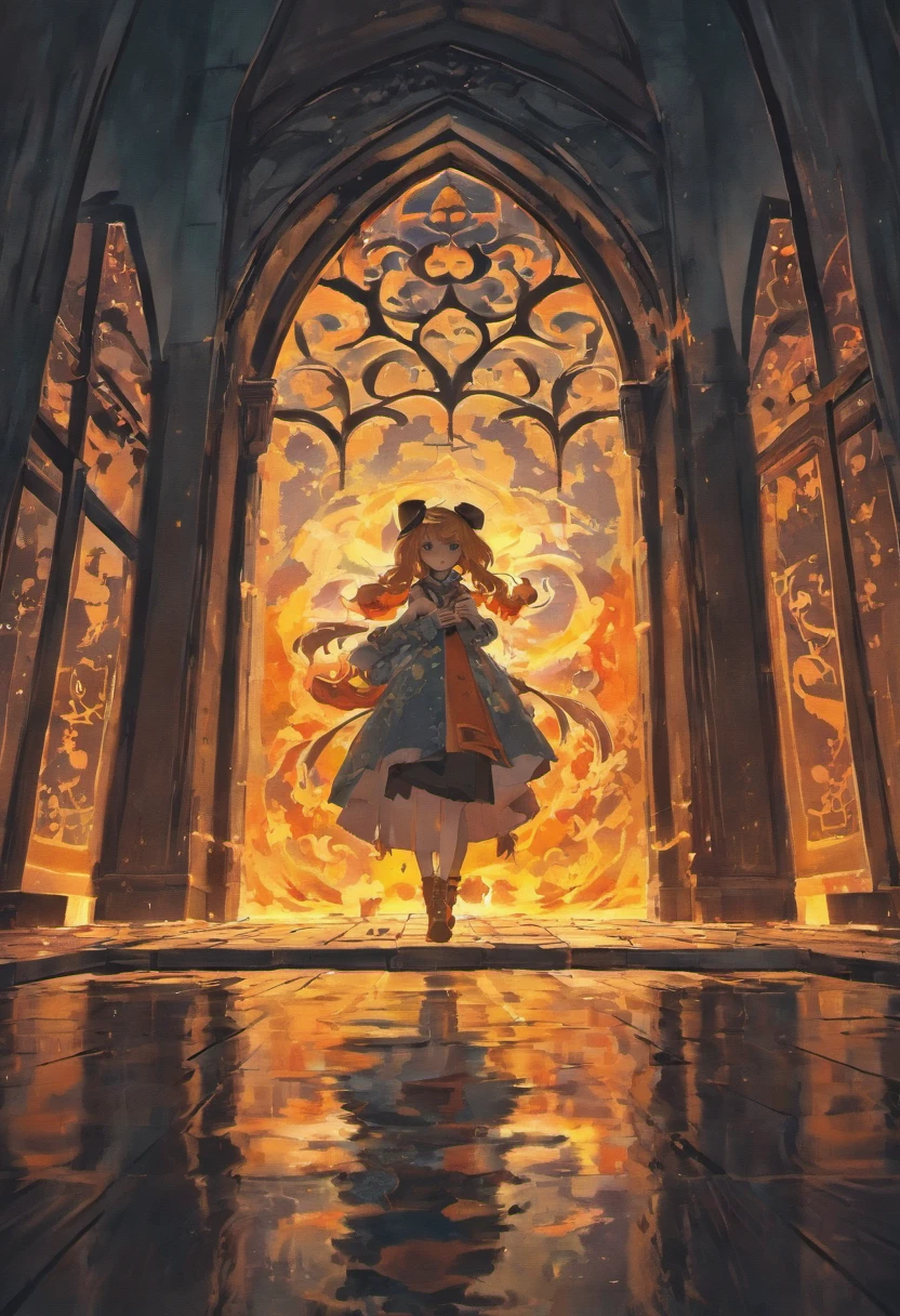 Halloween Floating Lights, Cinematic light and reflection, glowing lights, Intermediate metaverse elements,Digital Painting, Glowing reflections, pondering, Halloween Jack-o'-lantern, calm night, Digital Illustration, Beautiful atmosphere, Skylight at night, Calm evening atmosphere, Jack-o'-lantern, Halloween, the night, themoon, The game scene, Halloween, Surrounded by clouds, Buildings in medieval Europe, glazed tiles, ue, gorgeous colors, There are three arches in the foreground((color ink)), ( (Splash ink ) ), ((Splash ink) inky})), tmasterpiece, high quarity, Beautiful graphics, high detal