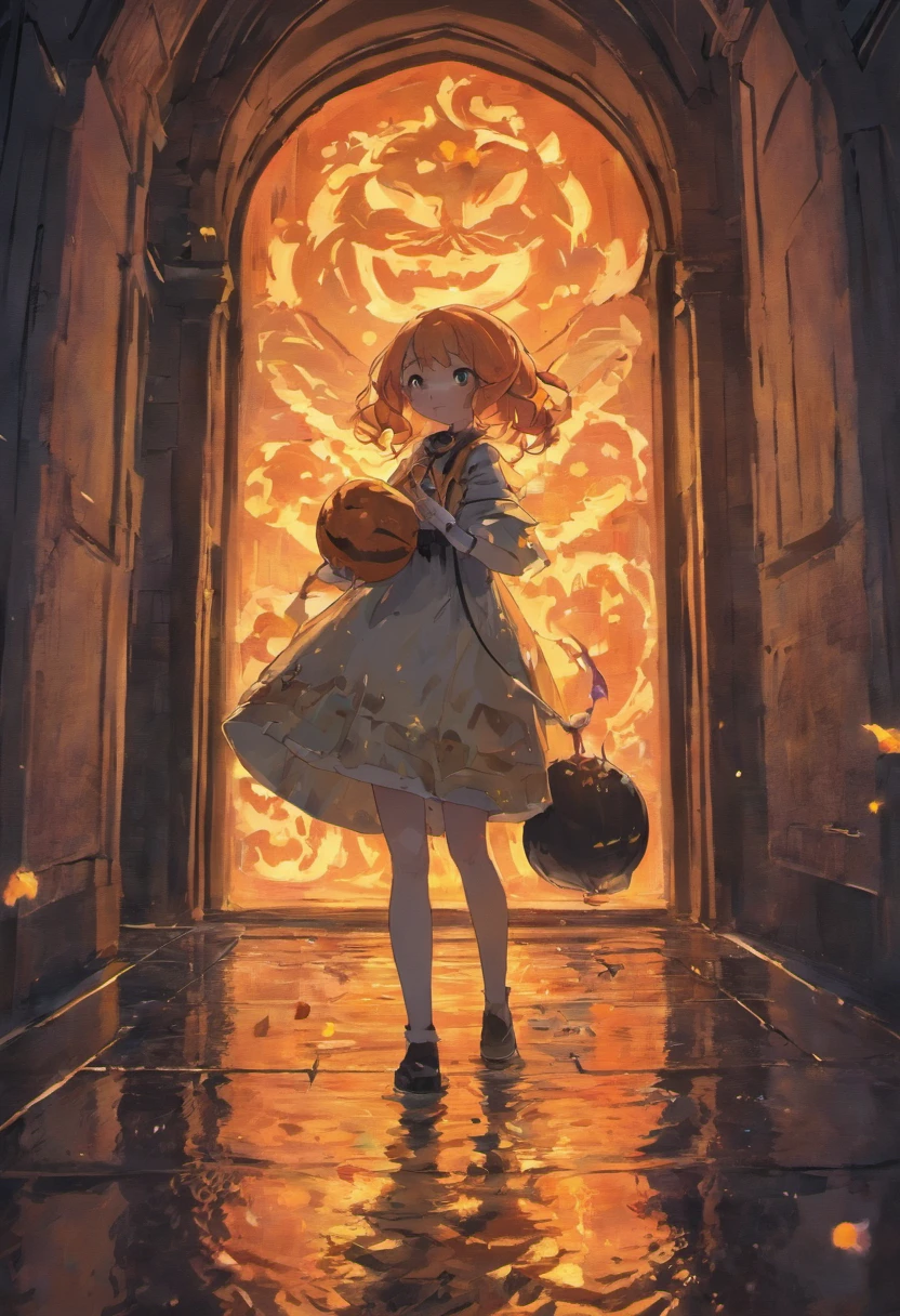 Halloween Floating Lights, Cinematic light and reflection, glowing lights, Intermediate metaverse elements,Digital Painting, Glowing reflections, pondering, Halloween Jack-o'-lantern, calm night, Digital Illustration, Beautiful atmosphere, Skylight at night, Calm evening atmosphere, Jack-o'-lantern, Halloween, the night, themoon, The game scene, Halloween, Surrounded by clouds, Buildings in medieval Europe, glazed tiles, ue, gorgeous colors, There are three arches in the foreground((color ink)), ( (Splash ink ) ), ((Splash ink) inky})), tmasterpiece, high quarity, Beautiful graphics, high detal
