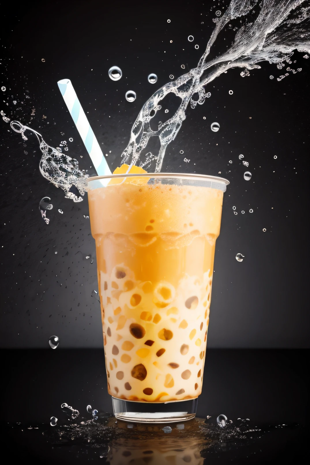 bubble tea splash advertisement style, realistic image, solid background, taro flavor