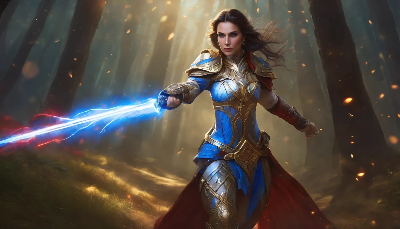 full body portrait of A beautiful warcraft elf woman, hero pose, dark brown hair, wearing gold blue white armor, floating red blue white lightsabers, charging through battlefield