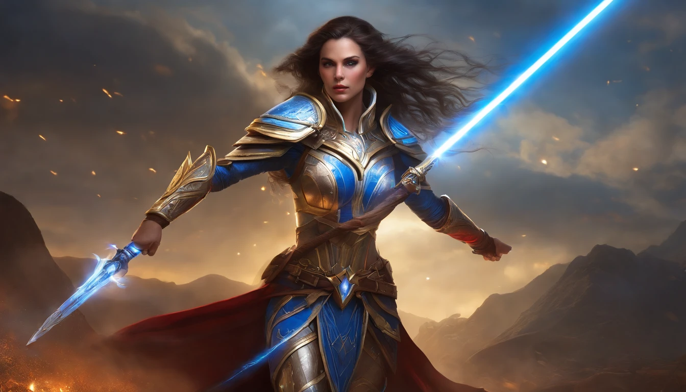 full body portrait of A beautiful warcraft elf woman, hero pose, dark brown hair, wearing gold blue white armor, floating red blue white lightsabers, charging through battlefield