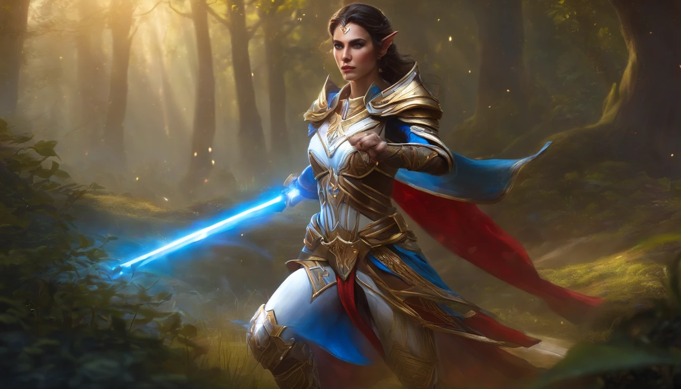 full body portrait of A beautiful warcraft elf woman, hero pose, dark brown hair, wearing gold blue white armor, floating red blue white lightsabers,  charging through battlefield