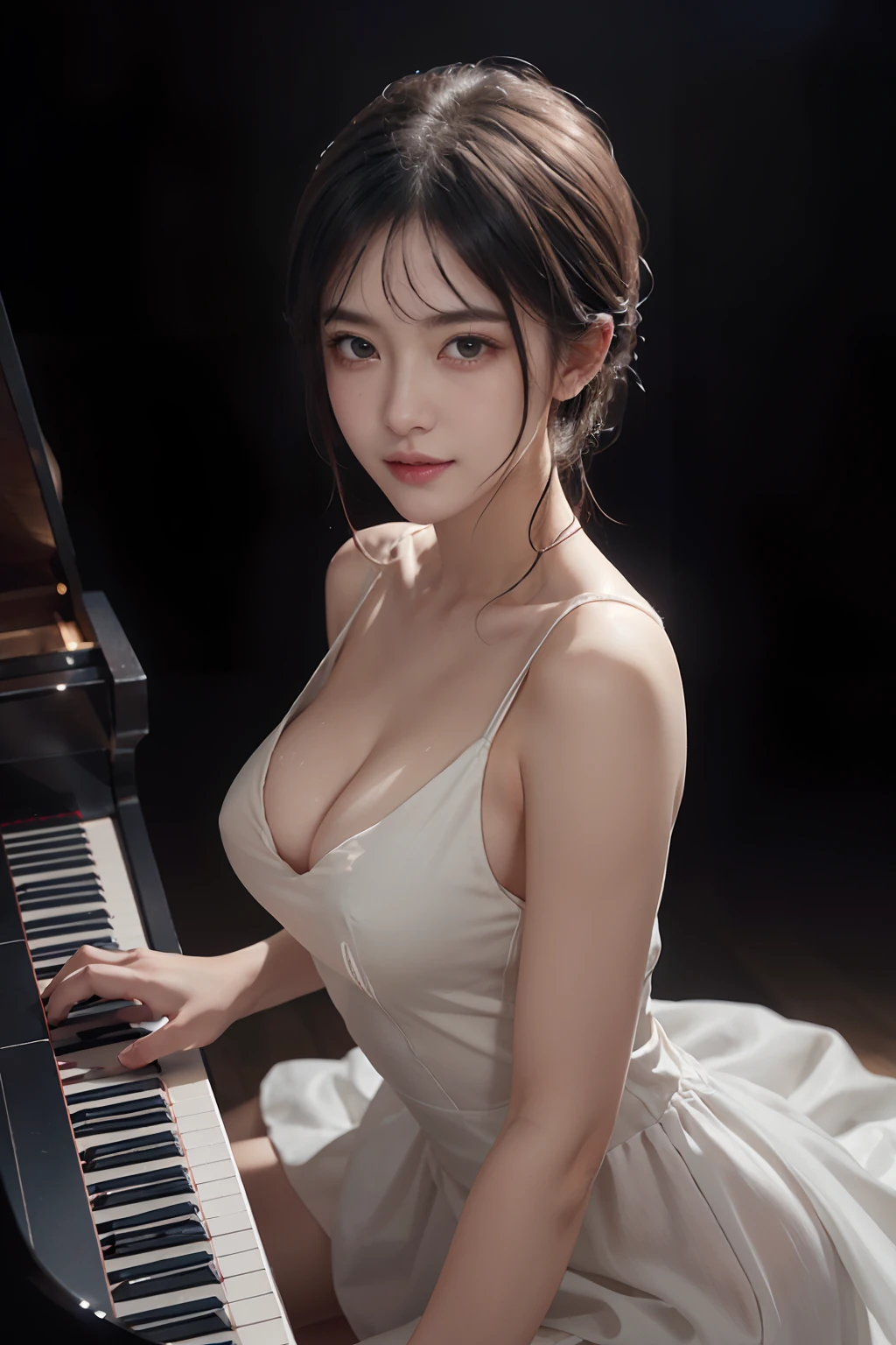 ultra realistic 8k cg、picture-perfect face、flawless、clean、masterpiece、Professional artwork、famousartwork、face perfect、beautiful countenance、beautidful eyes、((Perfect female body))、独奏、(Immersive atmosphere、Chiaroscuro:1.5、brightened light:1.2、Luminous lighting)、Seductive look、Very detailed_eyes、medium chest、proffesional、
beautifullydetailedbackground、depth of fields、realisitic:1.3、longshot、1girl in、pianist、one piece dress、sleeveless、Beautiful woman pulling piano、The upper part of the body、piano
(ambient lights:1.3)、(Cinematic compositions:1.3)、spot light、Amazing beauty、perspiring