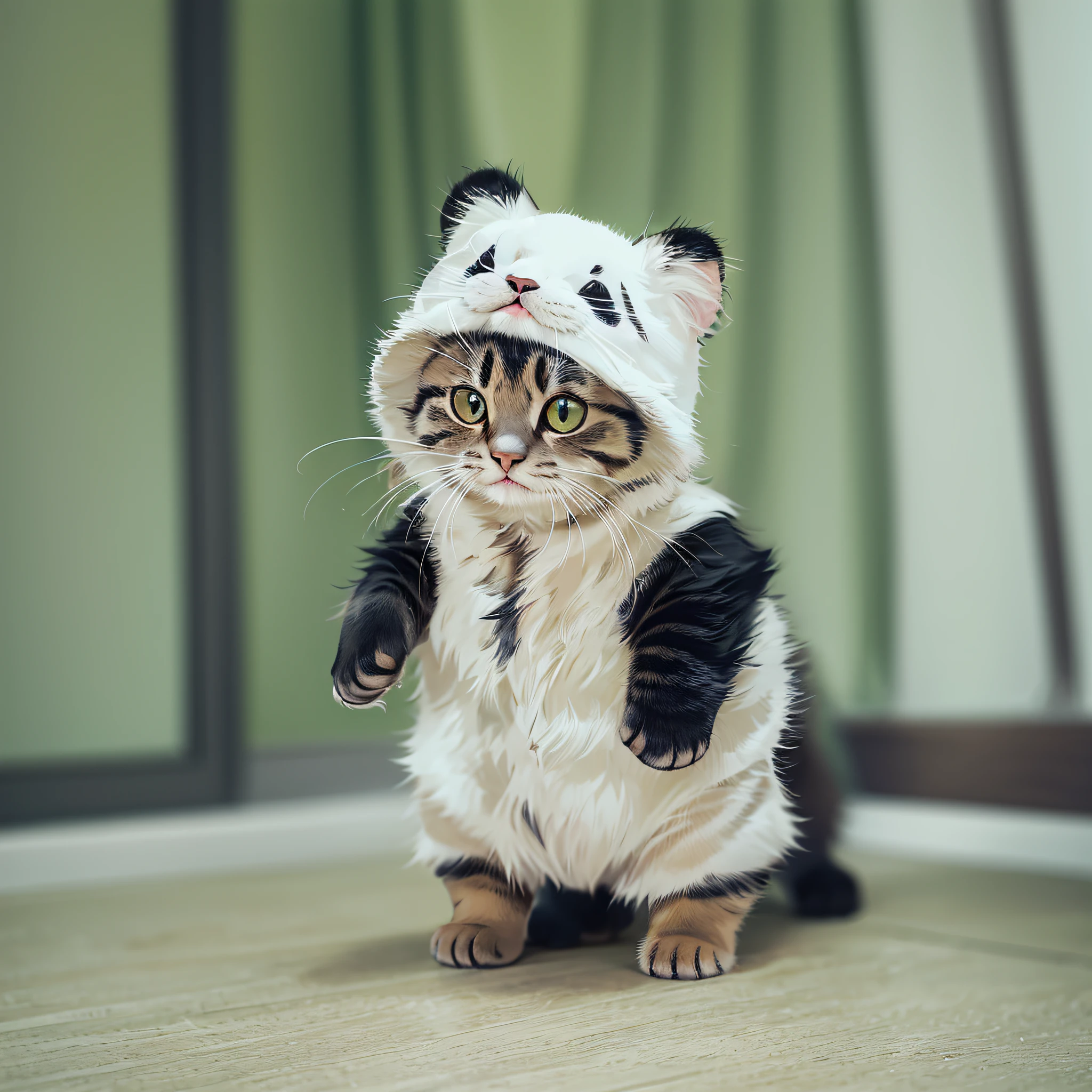 Very cute cat, standing, cute, wearing a panda costume