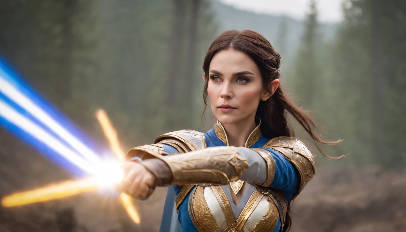 full body portrait of A beautiful warcraft elf woman, hero pose, dark brown hair, wearing gold blue white armor, floating red blue white lightsabers, charging through battlefield