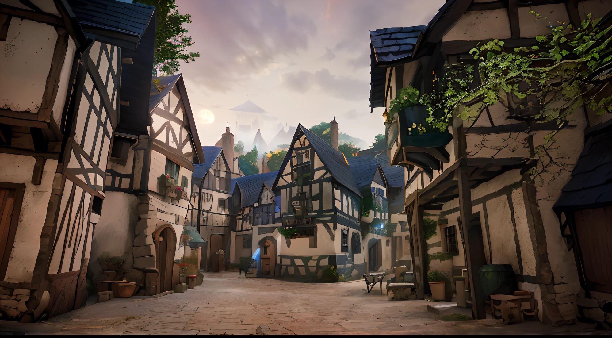 there is a small courtyard with a lot of buildings, villages, medeival fantasy town, fantasy town setting, medieval village, medieval town, quaint village, a small medieval village, realistic fantasy render, beautiful render of a fairytale, fantasy style, beautiful screenshot