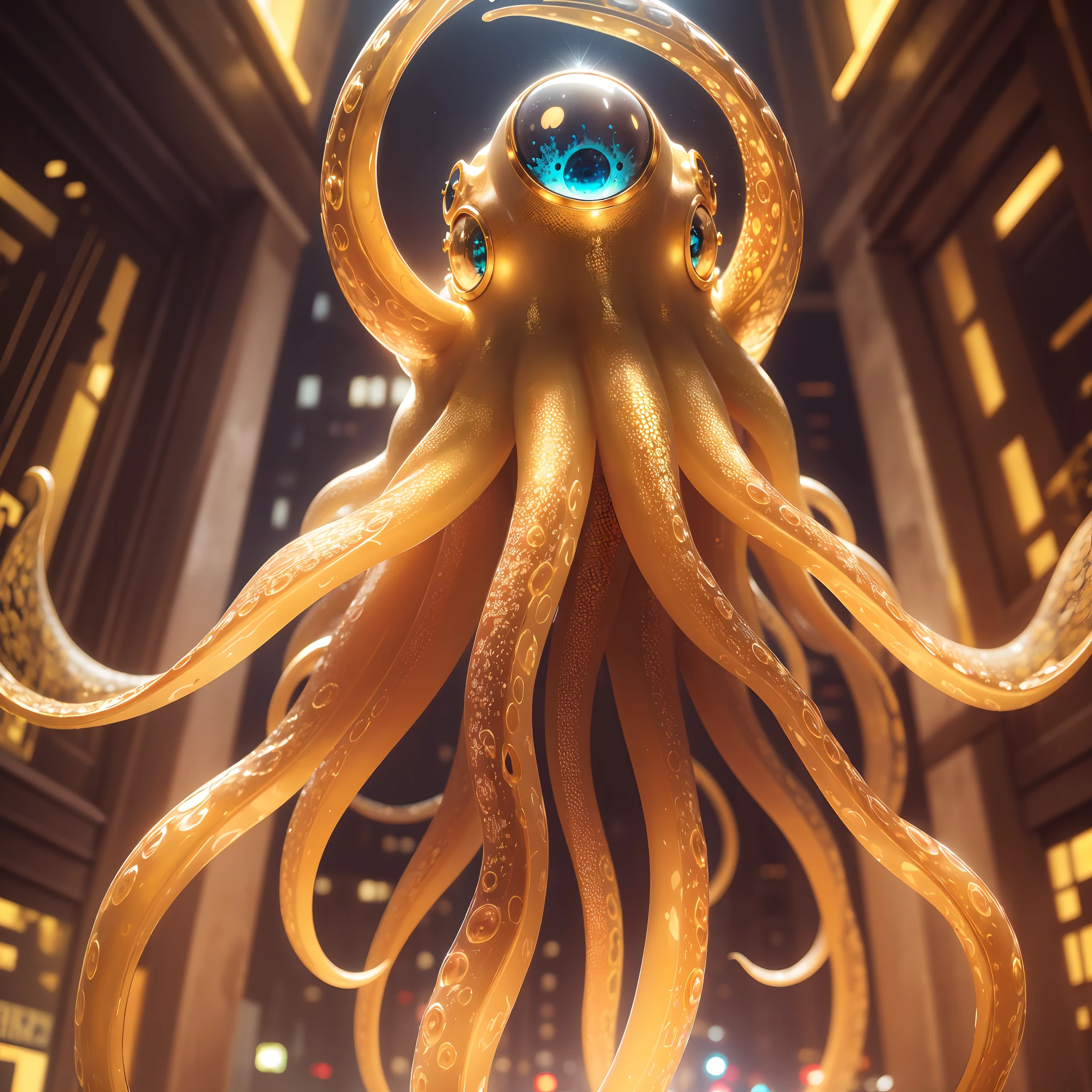 Masterpiece, Best quality, [(Golden transparent octopus)+(((Vitreous skin)))] ,starlights，In the city，Photorealistic, high resolution, Detailed, Sharp focus