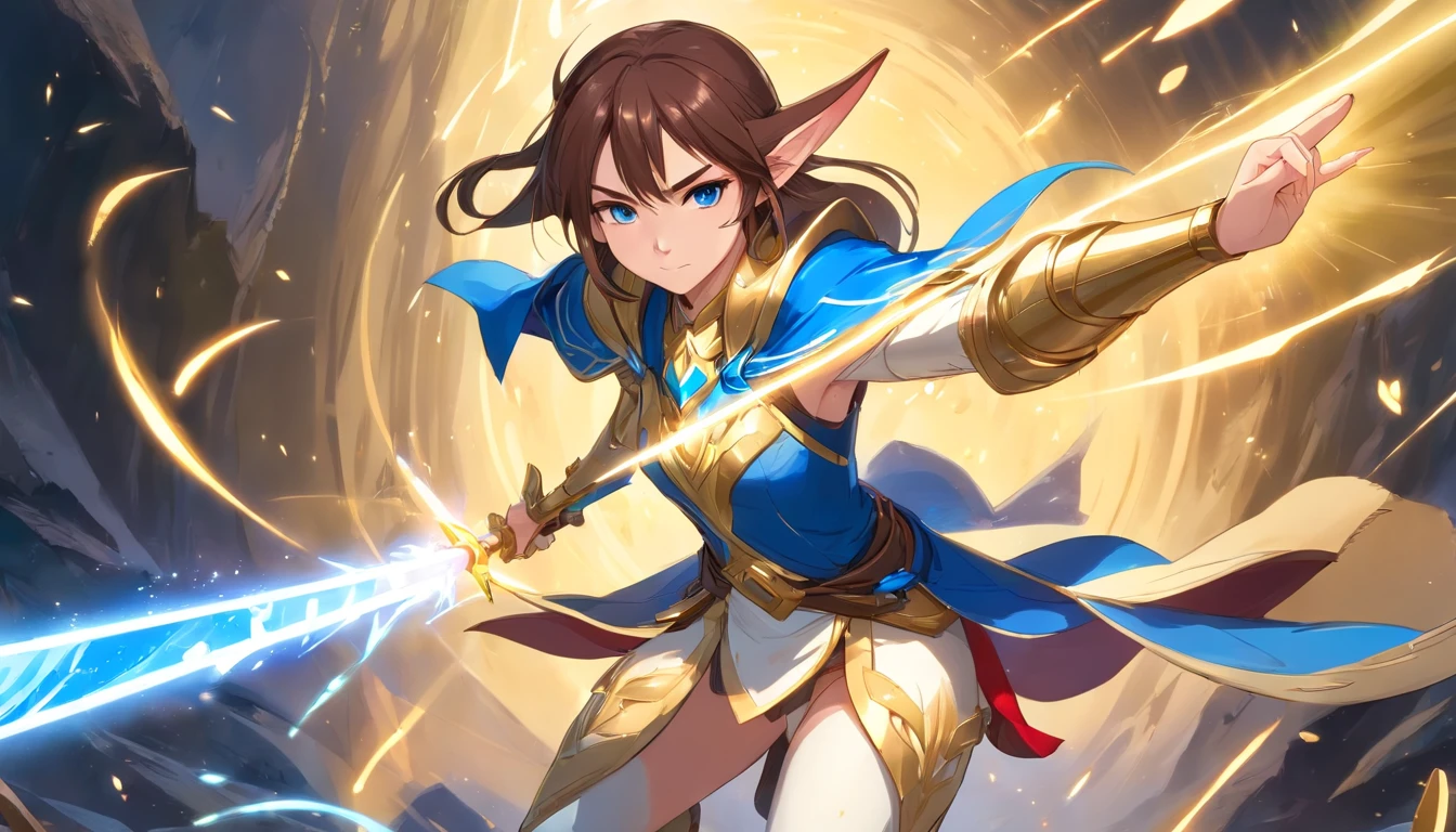 full body portrait of A beautiful warcraft elf woman, hero pose, dark brown hair, wearing gold blue white armor, floating red blue white lightsabers, charging through battlefield