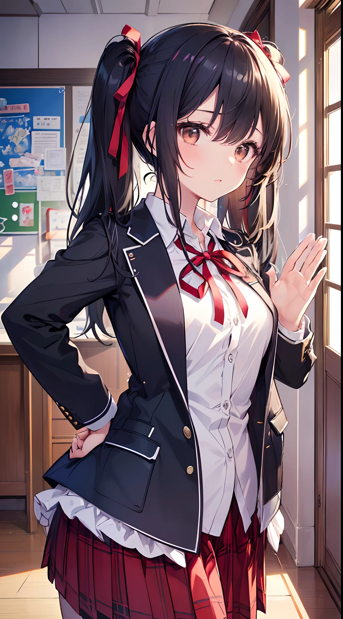 1girl, ((((Masterpiece))), Best Quality, Best Quality, High Detail, Azusa Nakano, 1girl, Sakuragaoka High School Uniform, Musical Instrument, School Uniform, Twin Tails, Long Hair, Black Hair, Brown Eyes, Solo, Red, Dark blue blazer with a thin ribbon of red, Solid white button shirt under blazer, Illustration, Cartoon, Soothing tones, Muted colors, Soft cinematic light, Adobe Lightroom, Photo Lab, HDR, complex and highly detailed, (((depth of field))))). (((Masterpiece))). (((highest quality))).) ((super detail))). (((Illustration))). (((Indoor))). (((hands on hips)))). Breasts,(((room))).dynamic focus.small breasts.