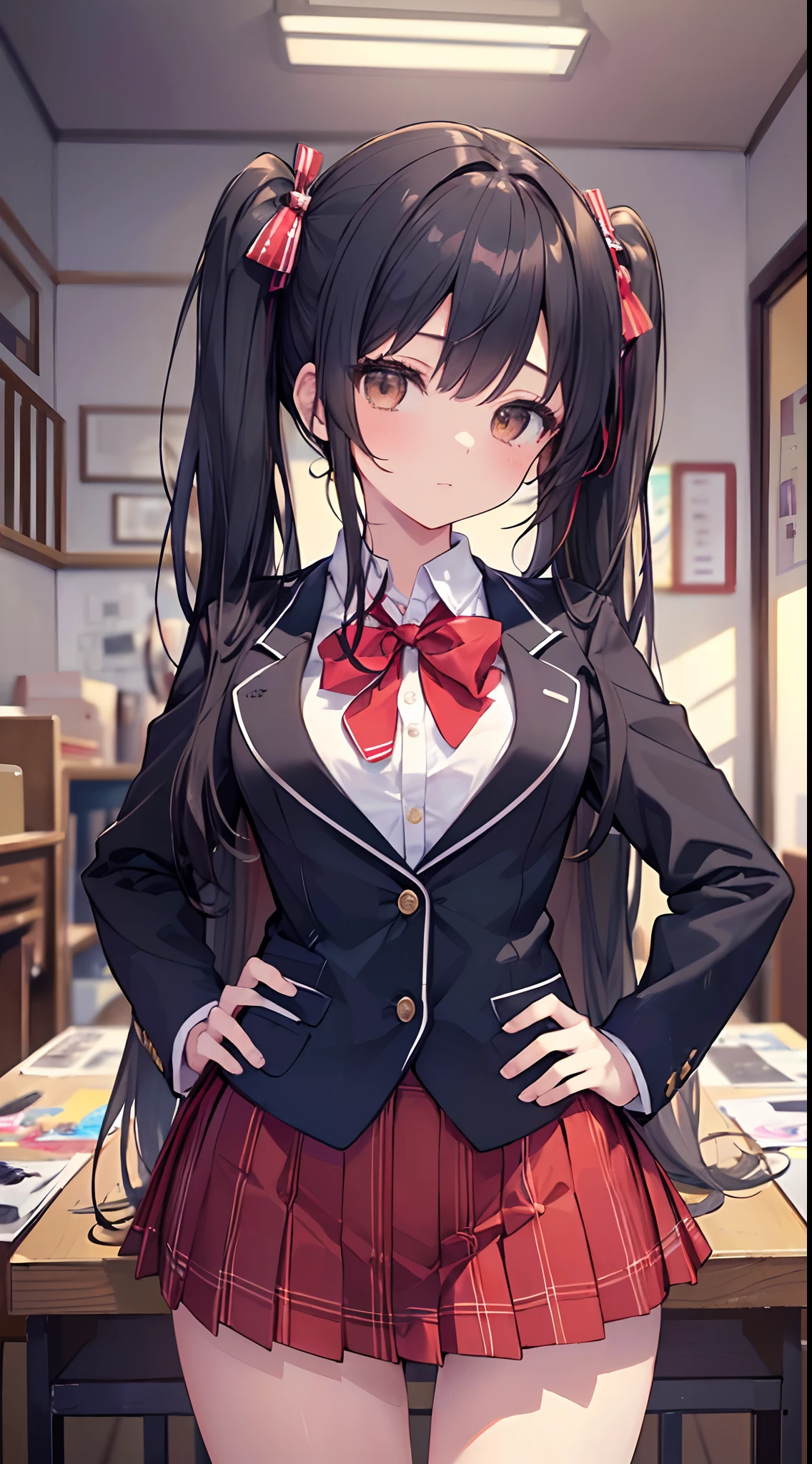 1girl, ((((Masterpiece))), Best Quality, Best Quality, High Detail, Azusa Nakano, 1girl, Sakuragaoka High School Uniform, Musical Instrument, School Uniform, Twin Tails, Long Hair, Black Hair, Brown Eyes, Solo, Red, Dark blue blazer with a thin ribbon of red, Solid white button shirt under blazer, Illustration, Cartoon, Soothing tones, Muted colors, Soft cinematic light, Adobe Lightroom, Photo Lab, HDR, complex and highly detailed, (((depth of field))))). (((Masterpiece))). (((highest quality))).) ((super detail))). (((Illustration))). (((Indoor))). (((hands on hips)))). Breasts,(((room))).dynamic focus.small breasts.