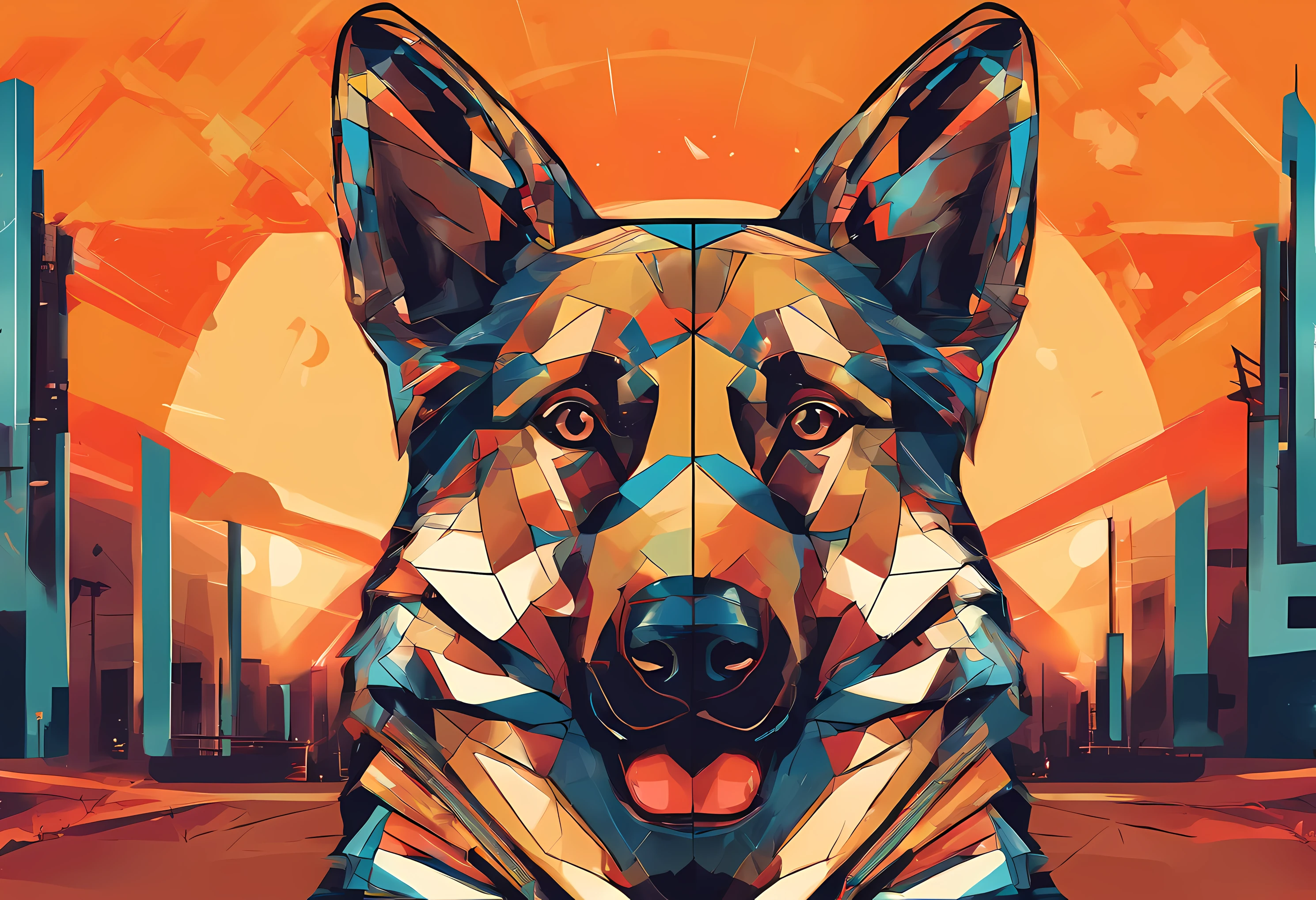(nvinkpunk:1.2) (estilo snthwve:0.8) German Shepherd dog, anthro, lightwave, sun sunset, orange sky, intrincado, altamente detalhado