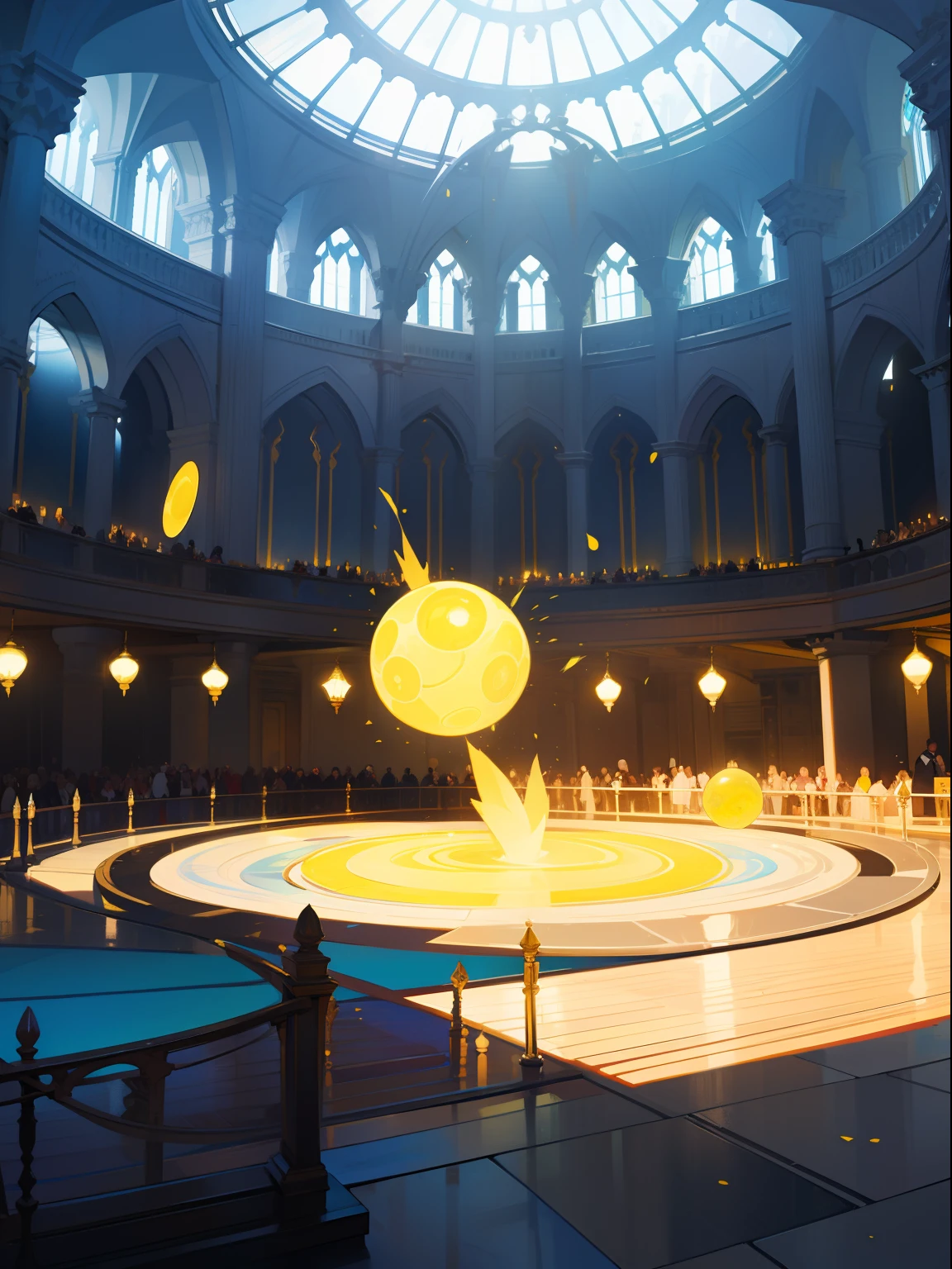 a large magical circular yellow stone floating in a large hall of university with a crowd in the distance