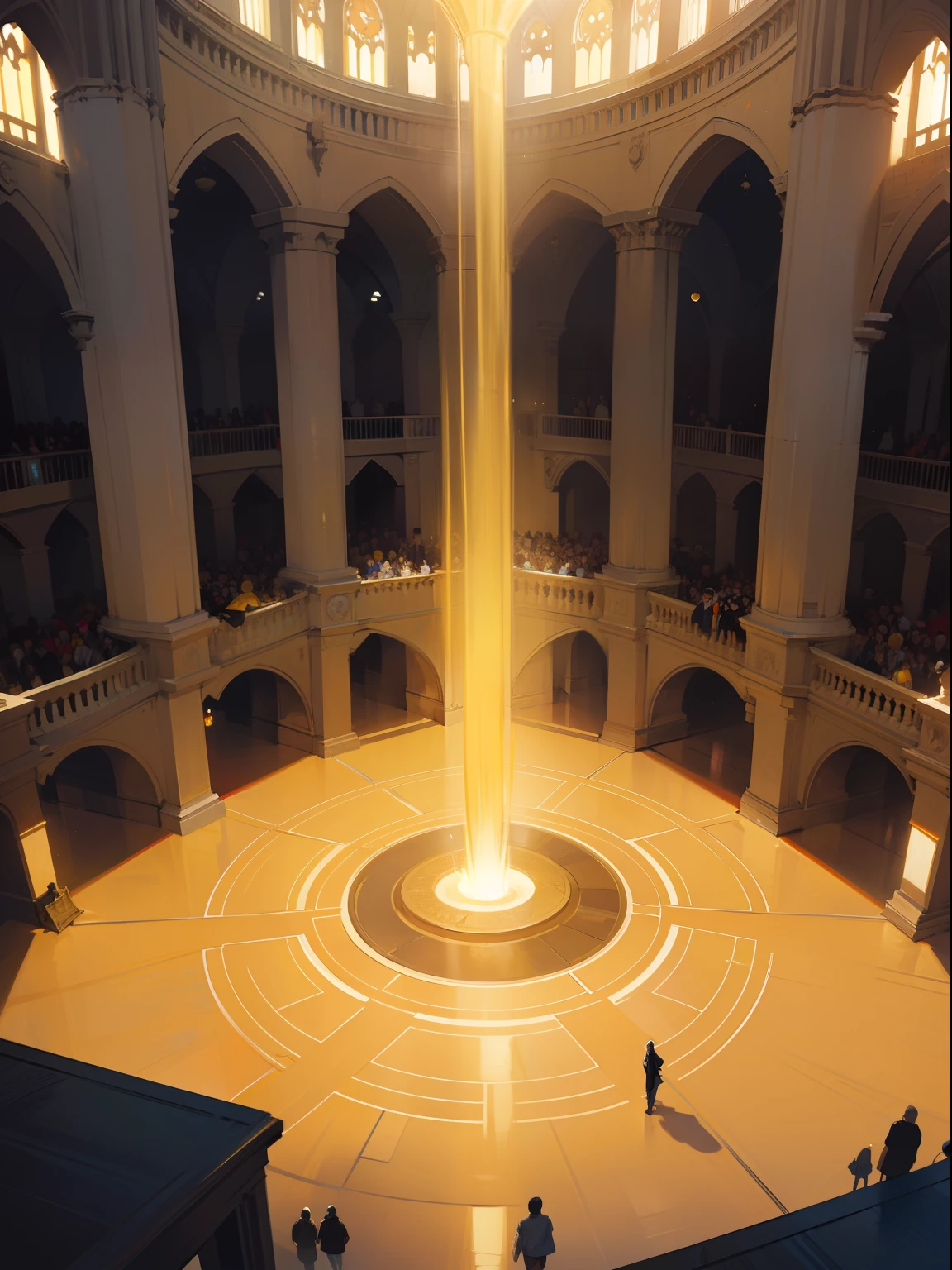 a large magical circular yellow stone floating in a large hall of university with a crowd in the distance