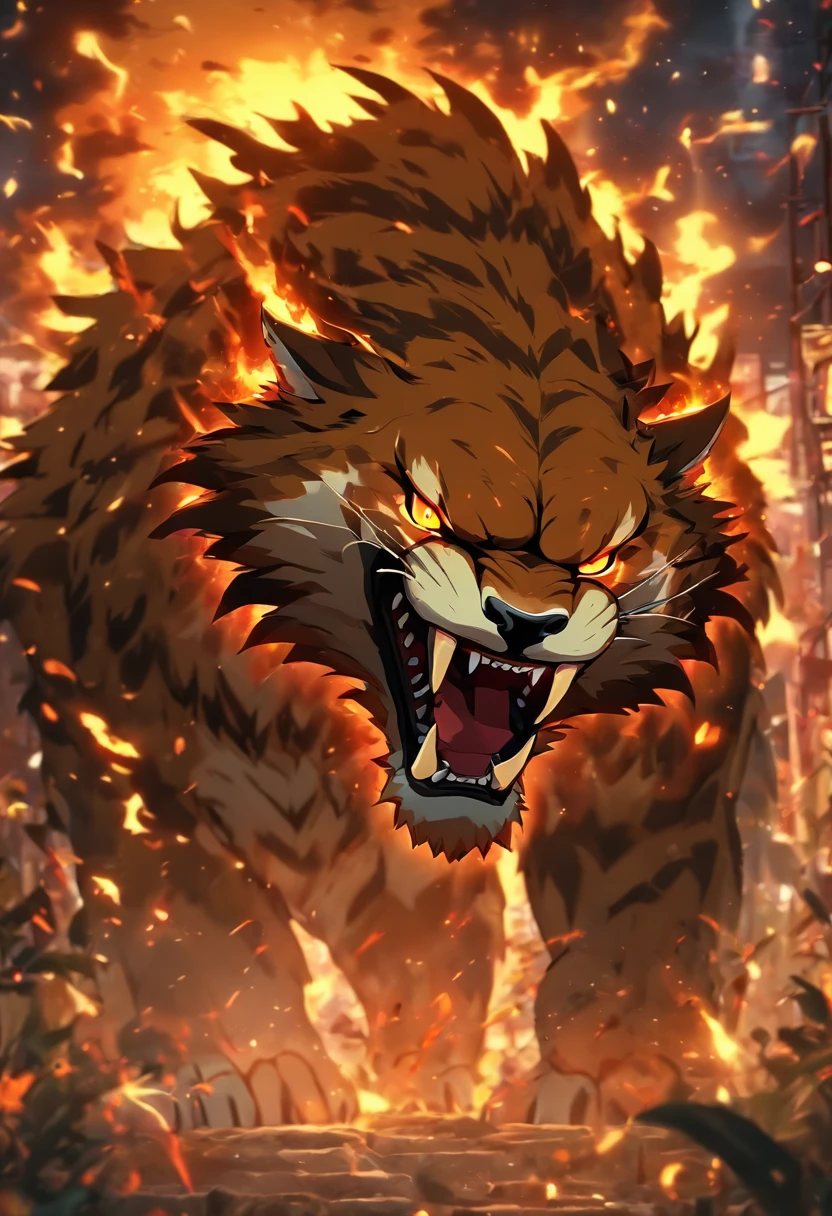 Strange monsters in a fantasy world,sabertooth tiger,long canine teeth,Strong limbs,Covered in flames,Blood,Covered with thick spikes,Moon Night,中景 the scene is,Full body like, highly detailed surreal vfx,oc rendered,Shot with 70 mm - AR 16:9 --q 2 --s 1000