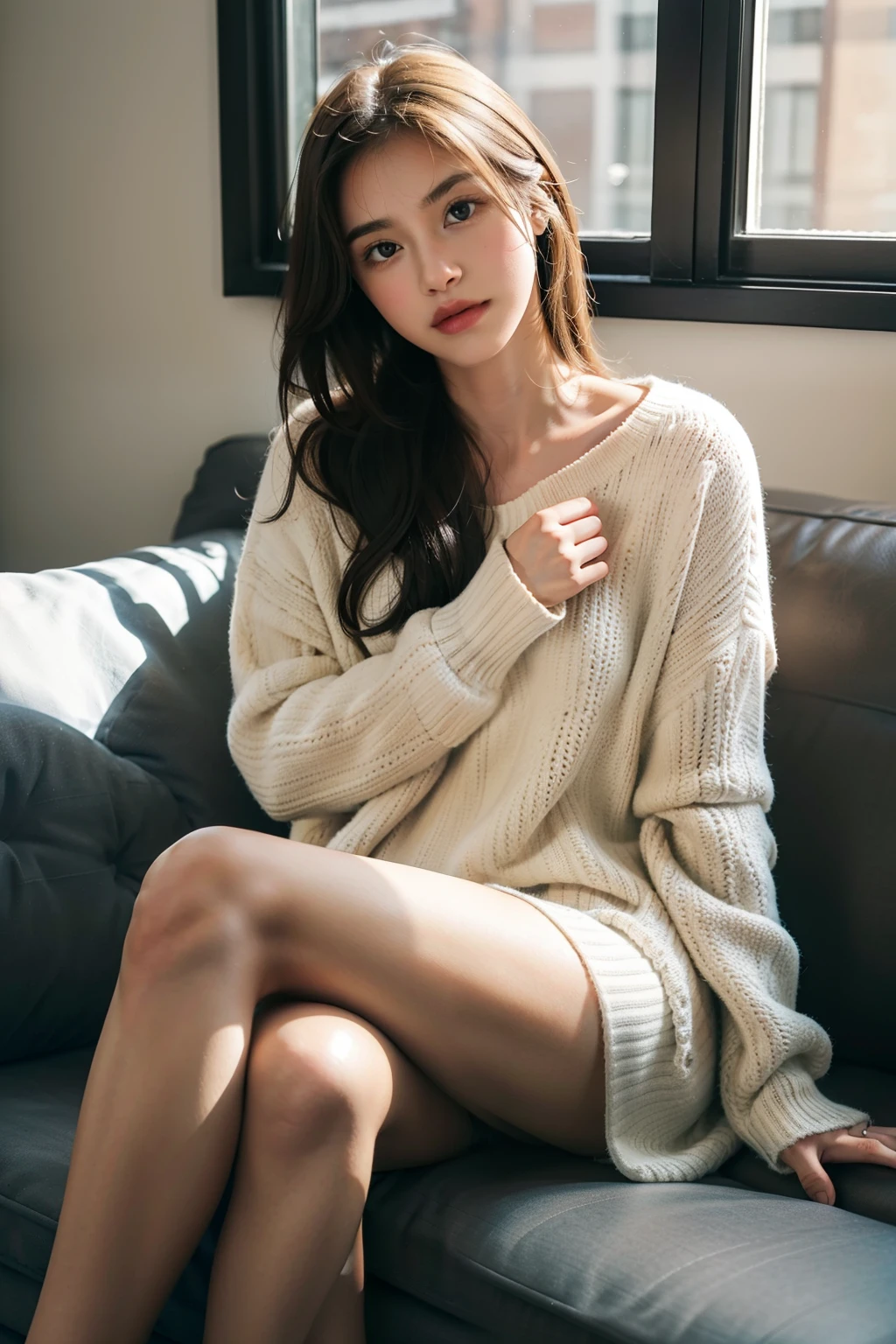 1girl,sitting on a cozy couch,crossing legs,soft light