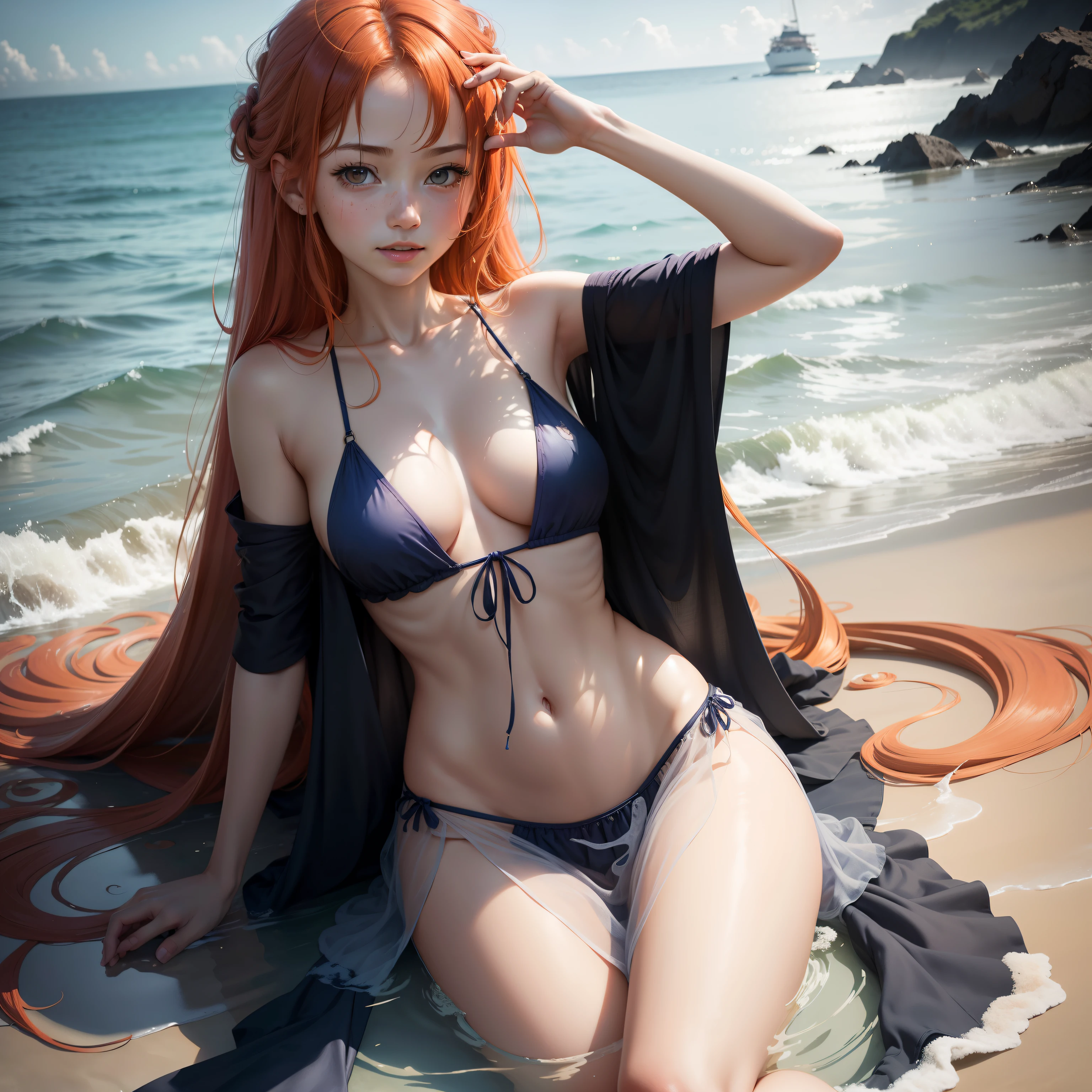 (masutepiece, Best Quality), ((1girl in, Solo, Long hair)), Ishmael_limbus, Innocent expression,barechested, toppless,watercolor paiting, Water, vague, Blue_theme, Night, myst, Dark, Sharp Focus, On the beach, See-through dress, Orange hair,Chest exposed,Pubic hair exposed,Happy,All ,