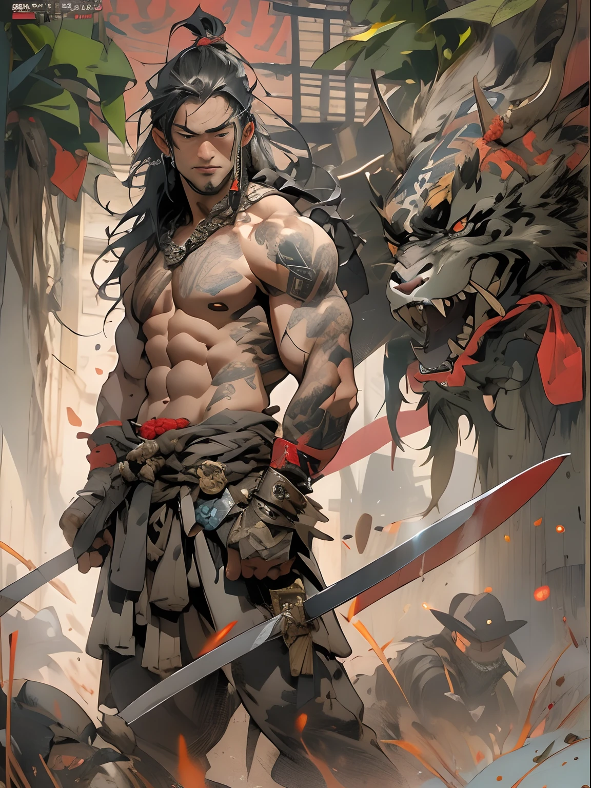 (((mtu))), (((best qualityer))), (((tmasterpiece))), (((AS-Adult))), ((( Japanese ))), Look up from your knees, Handsome Asian samurai,perfect body figure, Modern samurai, ((( Asian))), Wear gloves on your hands,The left arm is made of steel and metal tips,Made of protective devices, The eyes are pulled, (( Appears below the chest )), (( Small dental floss )), Simon Bisley, Almost naked(Simon Bisley)Castle City Wilderness,For high-resolution posters, hair straight, Minimum clothing, armure (Crazy clothes ), Full of tips and rivets, tribal tattoos, (((full bodyesbian))), Straight brunette hair,Colored hair ends