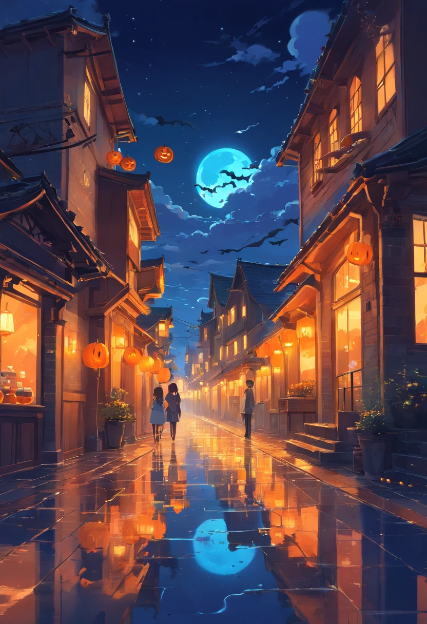 Halloween Floating Lights, Cinematic light and reflection, glowing lights, Intermediate metaverse elements,Digital Painting, Glowing reflections, pondering, Halloween Jack-o'-lantern, calm night, Digital Illustration, Beautiful atmosphere, Skylight at night, Calm evening atmosphere, Jack-o'-lantern, Halloween, the night, themoon, The game scene, Halloween, Surrounded by clouds, Buildings in medieval Europe, glazed tiles, ue, gorgeous colors, There are three arches in the foreground((color ink)), ( (Splash ink ) ), ((Splash ink) inky})), tmasterpiece, high quarity, Beautiful graphics, high detal,Magnificent