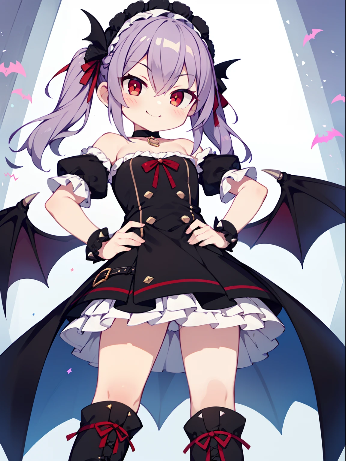 Colorful , masutepiece, Best Quality, 1girl in, loli, purple hair, middle hair, spike hair, Evil Female Executive, Goth Lolita Costume, a miniskirt, White stockings, Large red ribbon, a choker, White inner, black clothes, Sadistic smile, evil smile, black boots, bat wings, petite, from below, looking at viewer, contrapposto, hand on hip, hairs between eyes, red eyes, shiny eyes,