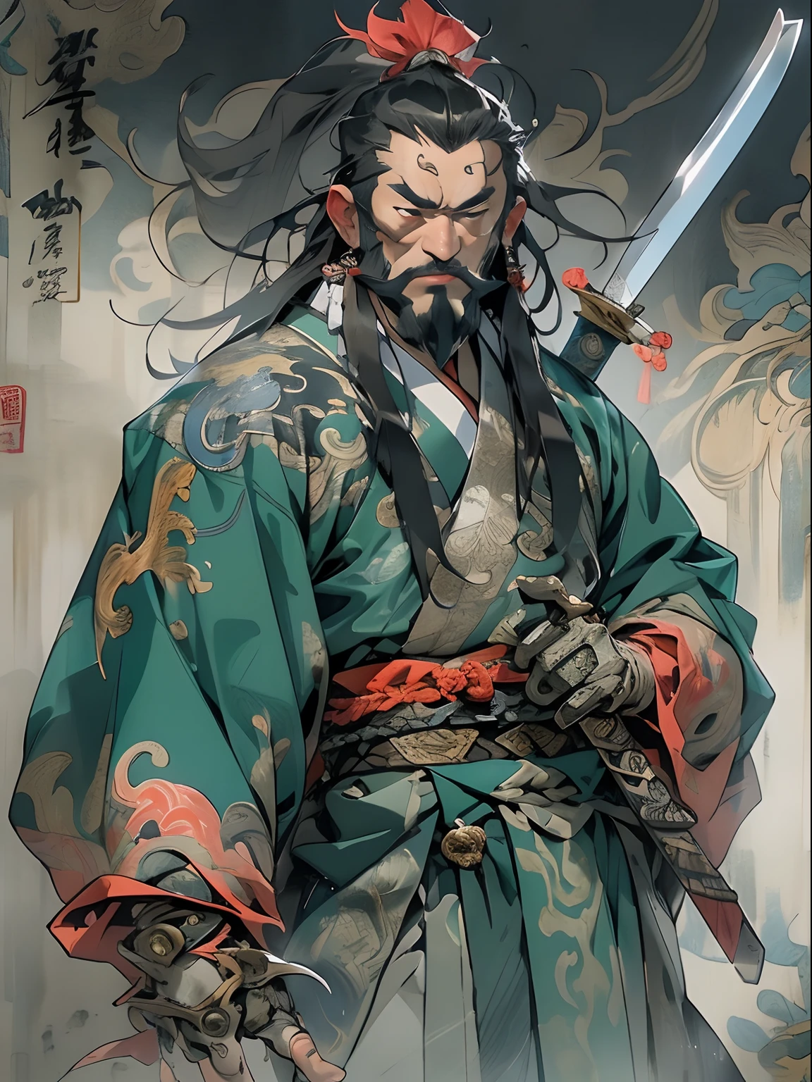 (((China-style,Ink painting method,Half-length portrait,Intense color,Han dynasty, China,Hanfu,Armor,Guan yu,Guan Yunchang,of a guy,Ruddy killing square face,Hold the Blue Dragon Moon Knife in his right hand,Stroke your beard with your left hand,Long hair,petty eyes,Green robe))), (((best qualityer))), (((tmasterpiece))), (((AS-Adult))), ((( Japanese ))), Look up from your knees, Handsome Asian samurai,perfect body figure, Modern samurai, ((( Asian))), Wear gloves on your hands,The left arm is made of steel and metal tips,Made of protective devices, The eyes are pulled, (( Appears below the chest )), (( Small dental floss )), Simon Bisley, Almost naked(Simon Bisley)Castle City Wilderness,For high-resolution posters, hair straight, Minimum clothing, armure (Crazy clothes ), Full of tips and rivets, tribal tattoos, (((full bodyesbian))), Straight brunette hair,Colored hair ends