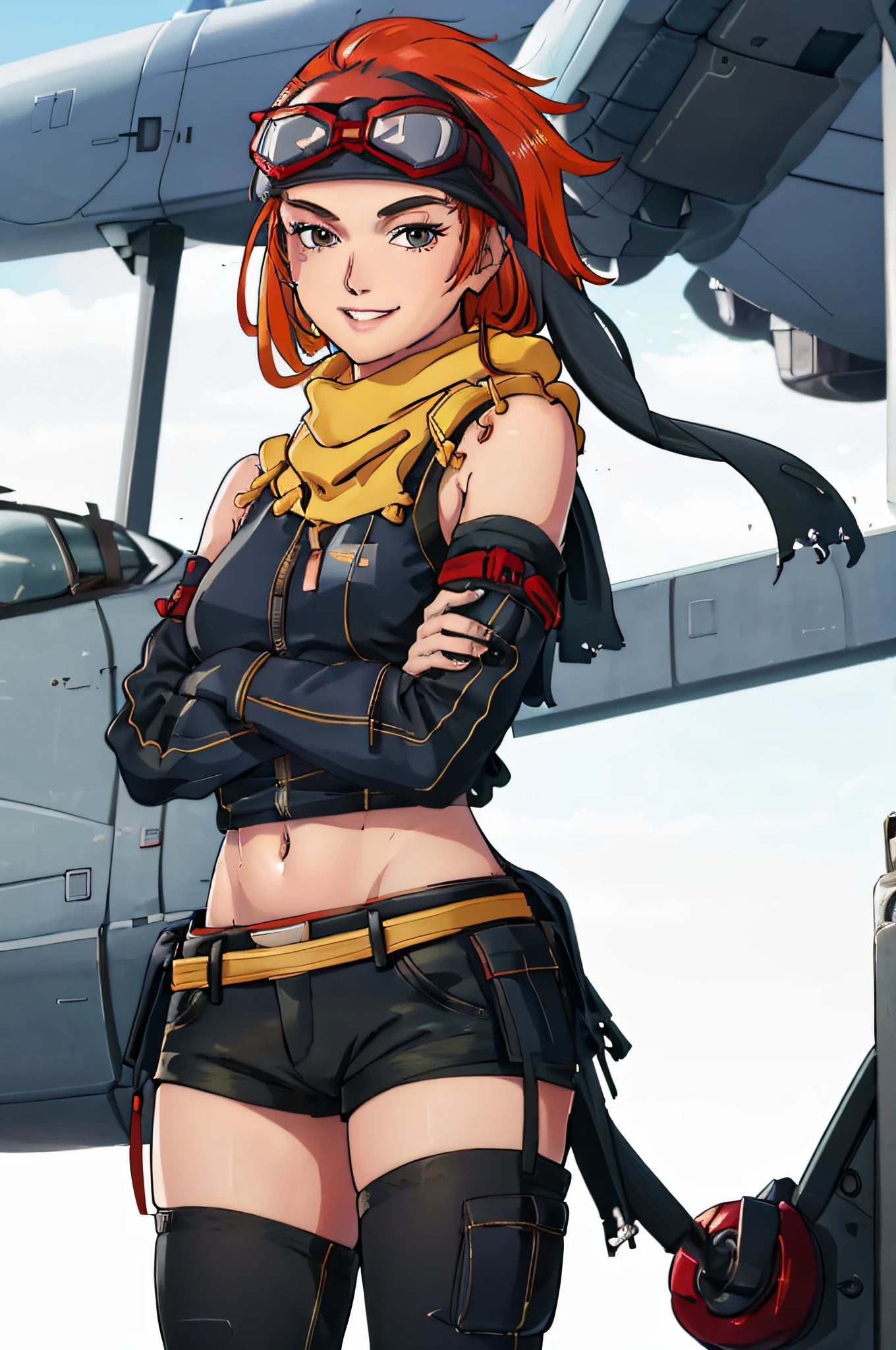 (masterpiece,best quality),1girl,tashaaw,midriff,detached sleeves,shorts,thighighs,goggles on head,standing,facing viewer,crossed arms,smiling,in airplane hangar, jet helmet, red scarf on neck