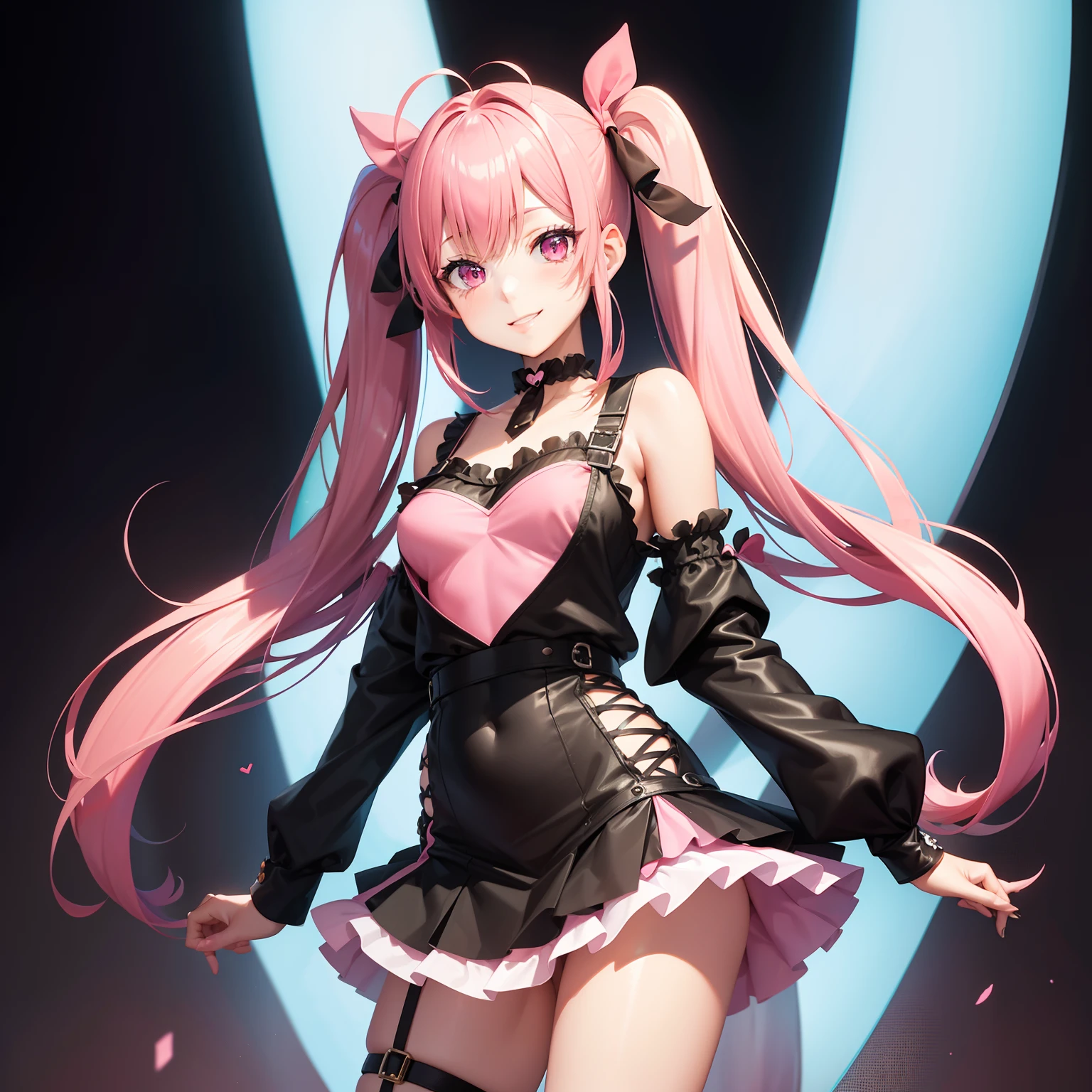 full body Esbian, masutepiece: 1.2, Highest Quality), (Live-action, elaborate details), (1 Lady, Solo, Upper body,) Clothing: Edgy, Black long jumper, pink miniskirt, long hair with pink twin tails,,,,,、Avant-garde, Experimental appearance: Long pink twin tail hair 、Heart-shaped choker、The location: karaoke、Solo, Nice smile、Value Creation in Mixed Media Art: individuality, authenticity, Creative expression