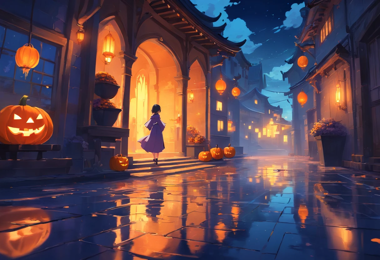 Halloween Floating Lights, Cinematic light and reflection, glowing lights, Intermediate metaverse elements,Digital Painting, Glowing reflections, pondering, Halloween Jack-o'-lantern, calm night, Digital Illustration, Beautiful atmosphere, Skylight at night, Calm evening atmosphere, Jack-o'-lantern, Halloween, the night, themoon, The game scene, Halloween, Surrounded by clouds, Buildings in medieval Europe, glazed tiles, ue, gorgeous colors, There are three arches in the foreground((color ink)), ( (Splash ink ) ), ((Splash ink) inky})), tmasterpiece, high quarity, Beautiful graphics, high detal,Magnificent