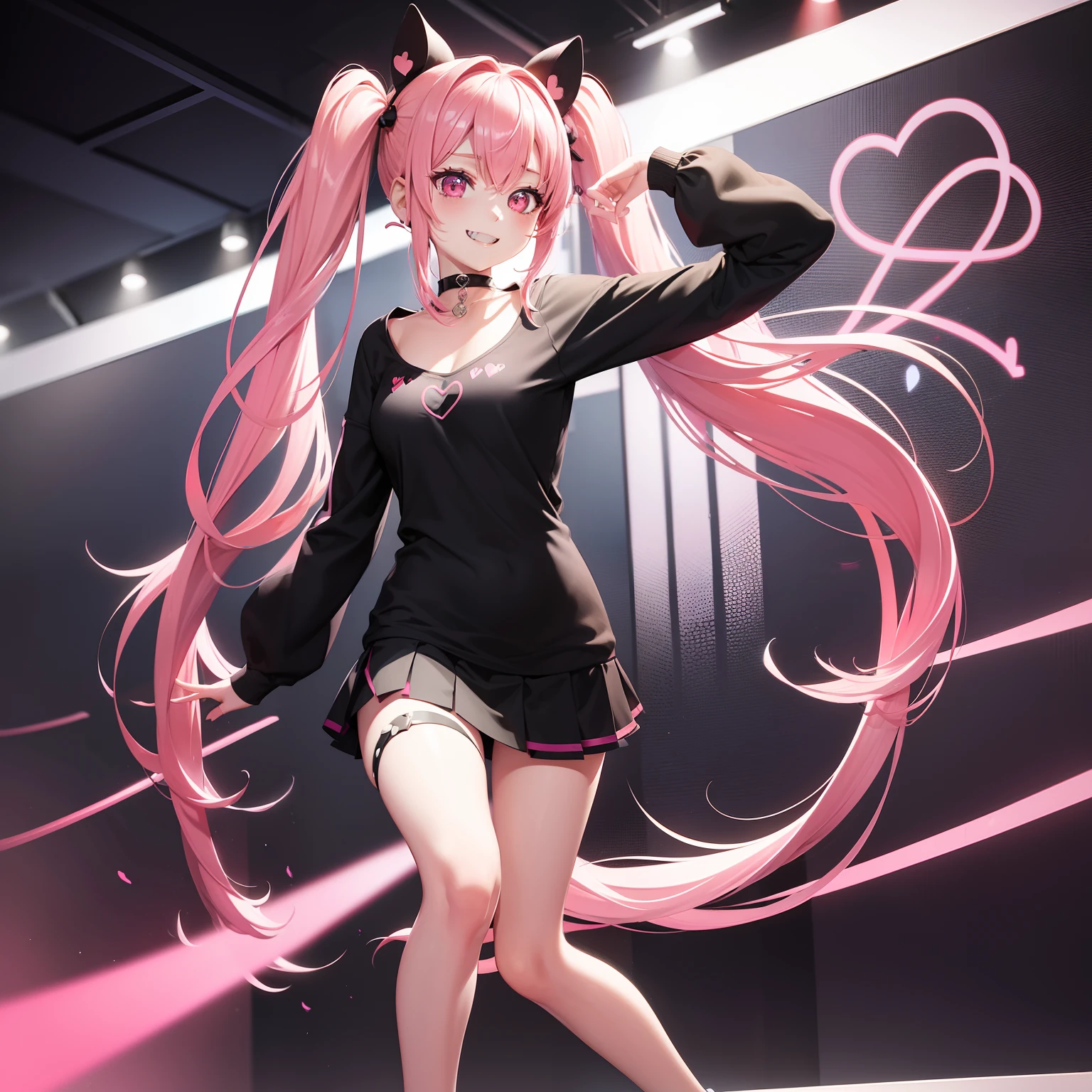full body Esbian, masutepiece: 1.2, Highest Quality), (Live-action, elaborate details), (1 Lady, Solo, Upper body,) Clothing: Edgy, Black long jumper, pink miniskirt, long hair with pink twin tails,,,,,,,,,,、Avant-garde, Experimental appearance: Long pink twin tail hair 、Heart-shaped choker、The location: bustling city、Solo, Nice smile、Value Creation in Mixed Media Art: individuality, authenticity, Creative expression