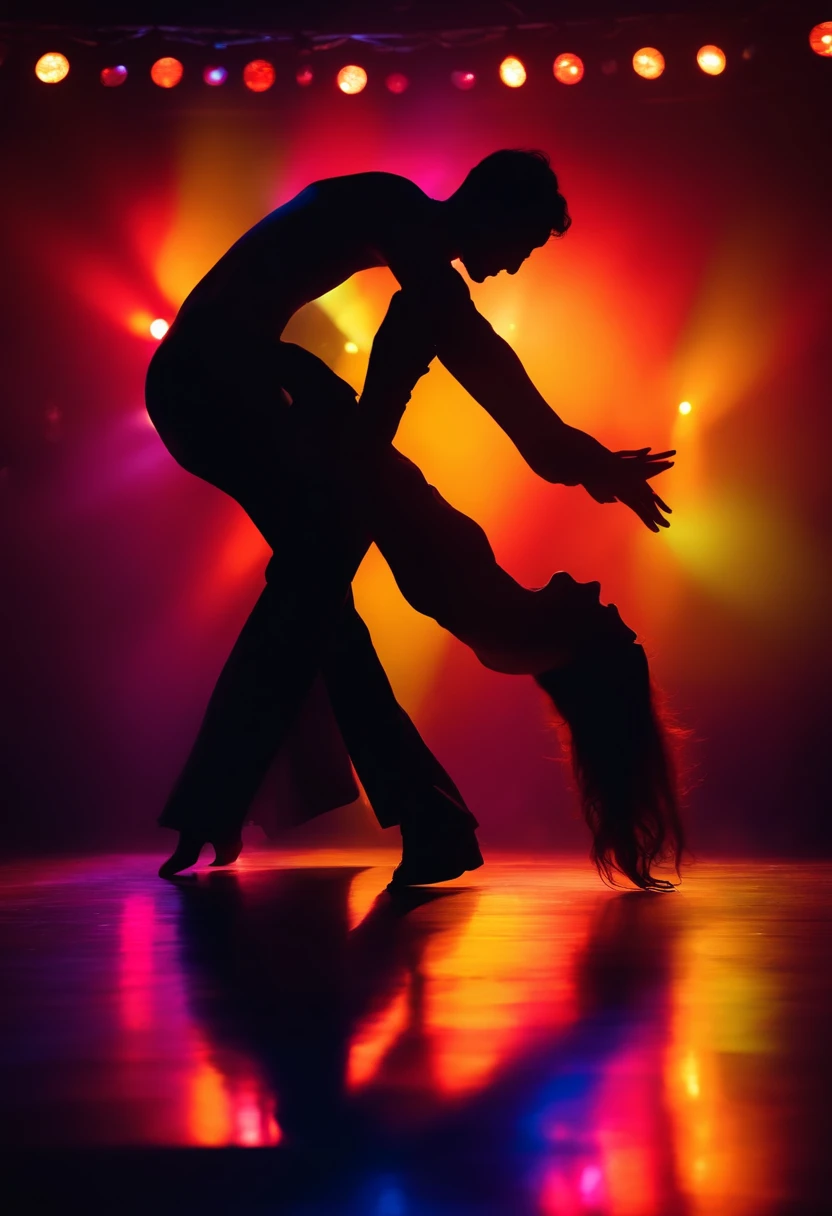 Dance Art Festival, with silhouette of a couple dancing on a stage illuminated by several colorful background lights.
