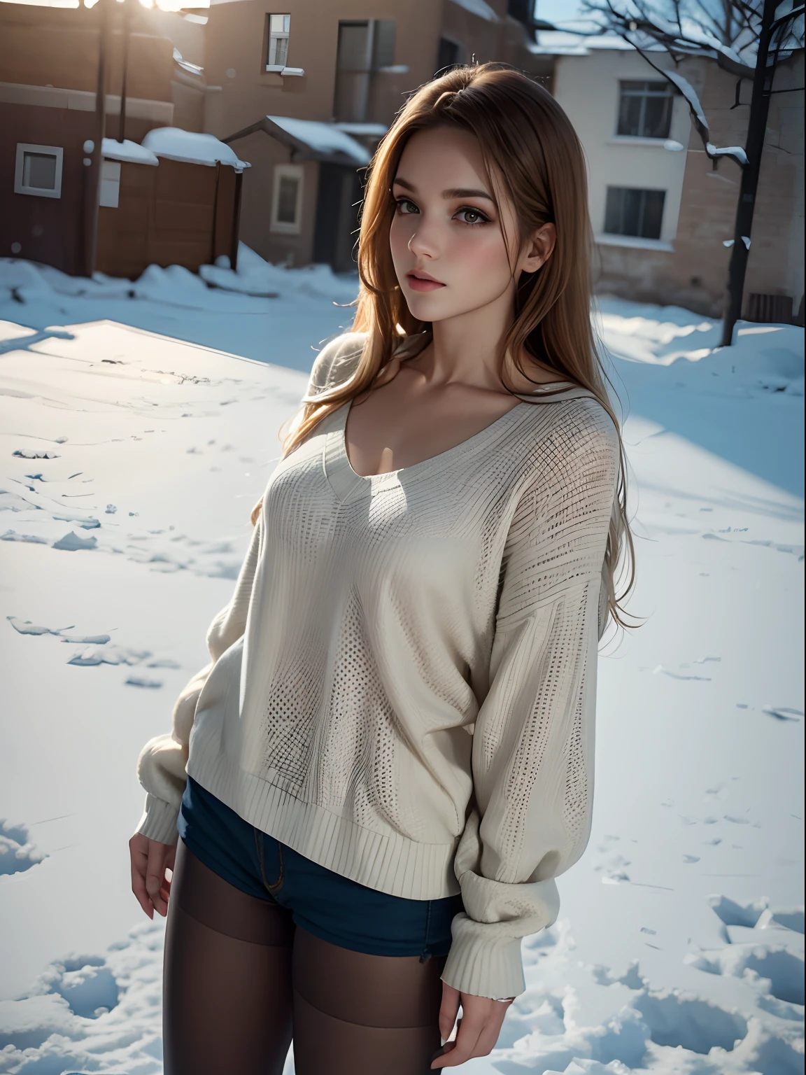 Winters，snow landscape，Beautiful  girl，lacepantyhose，Random color，long sweater，围巾，depth of fields，Real light，Ray traching，OC renderer，UE5 renderer，Hyper-realistic，best qualtiy，8K，Works of masters，super-fine，Detailed pubic hair，Correct anatomy