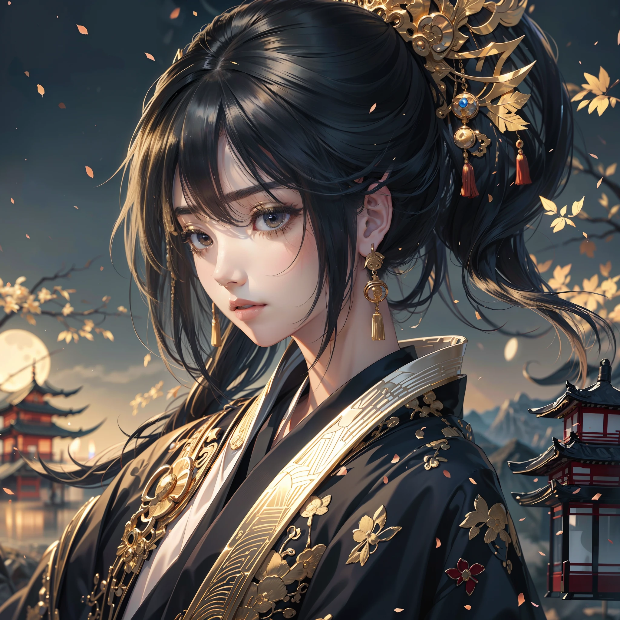 watching at viewers、Ancient capital and moon in the background、poneyTail、Woman with shiny black hair、{{{Luxury kimono(Black kimono(Detailed golden embroidery,))}}}、face perfect,Depict a beautiful and graceful woman of Japan。Heart in the eye。full body Esbian。 Beautiful anime art wallpaper 8k, beautiful fantasy anime, Beautiful anime, Detailed anime artwork.Blur the background with a sickle,((masutepiece)), ((Best Quality))