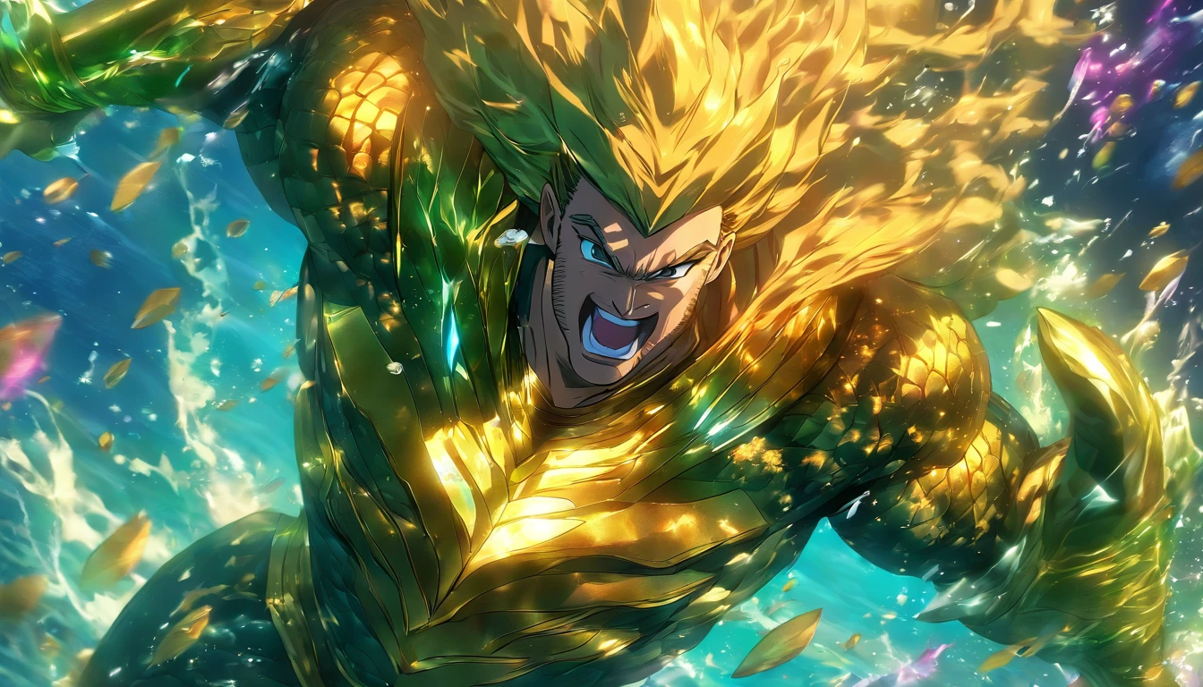 (melhor qualidade),(master part),(ultra detalhado),(4k resolution),(extremamente detalhado),Pintura expressionista abstrata "Hyperion", Aquaman, Tarot card, trending on ArtStation, pintura digital, retrato da arte do conceito do personagem, assustador